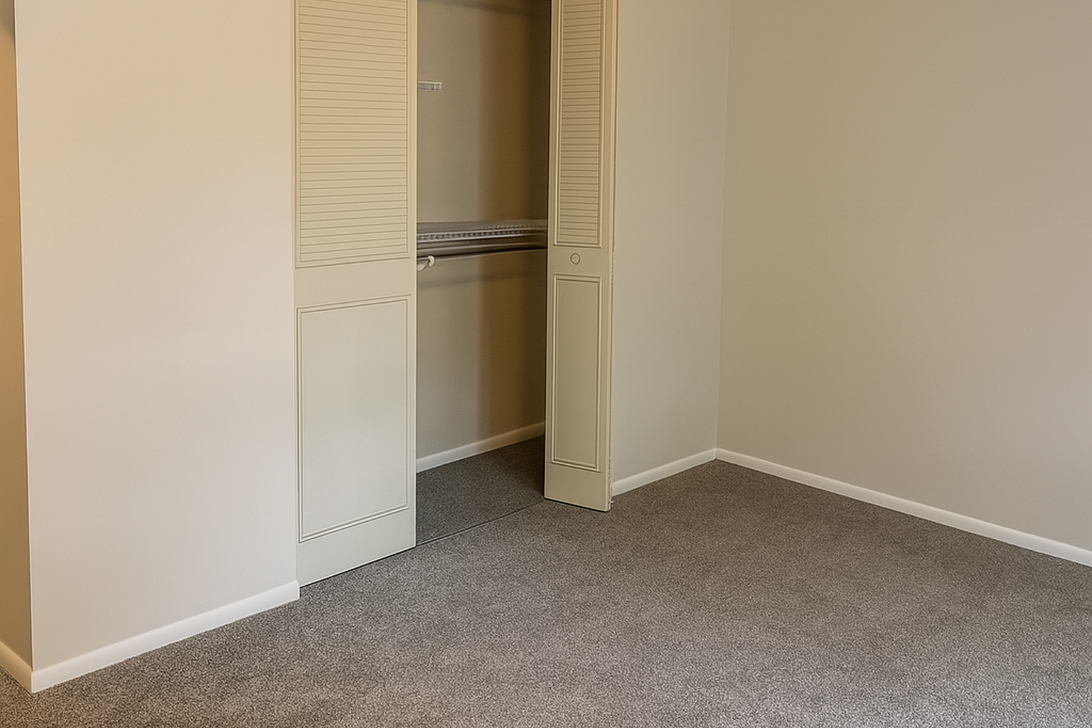 An empty room with beige walls and light gray carpet. A closet with double doors is open, revealing a simple hanging rod inside. The overall ambiance is clean and minimalistic, suggesting a fresh and spacious feel.