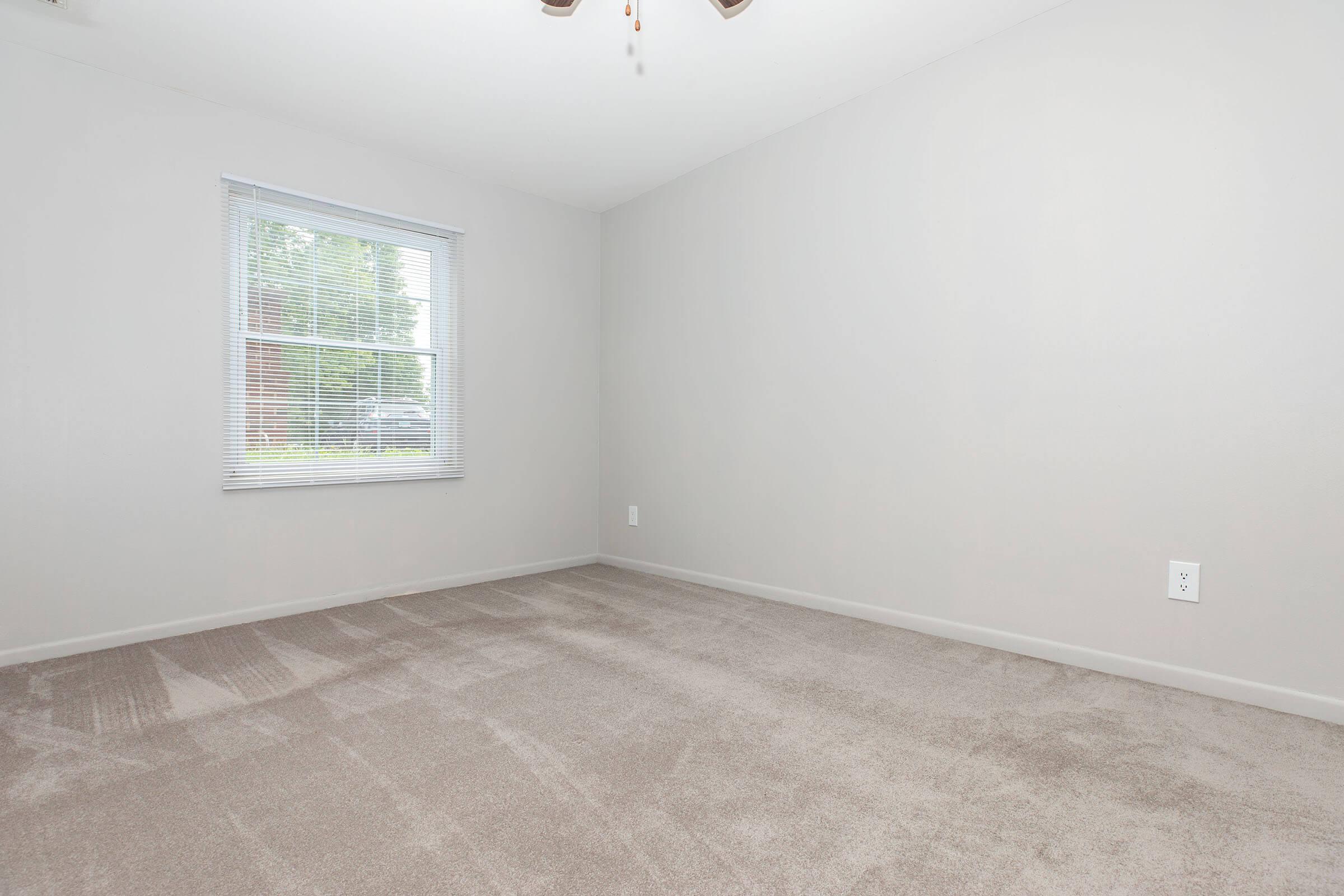 Carpeted bedroom with window view at Homewood Manor Apartments in Moline, IL