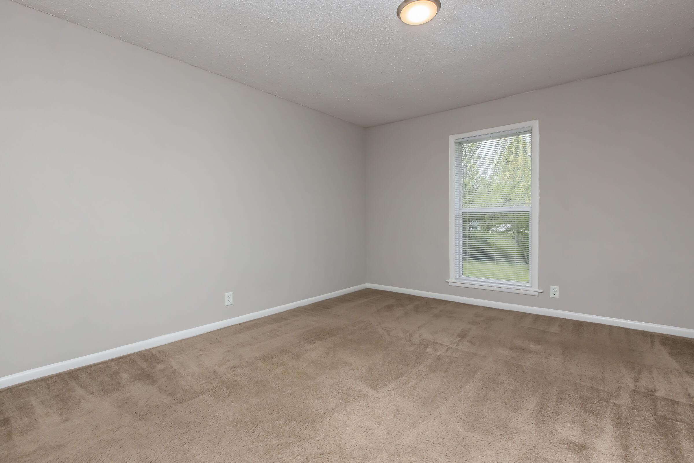 A vacant room with beige carpet and light gray walls. It features a single window with white blinds allowing natural light. The ceiling has a simple light fixture, and there are no furniture or decorations present, creating a spacious and uncluttered appearance.