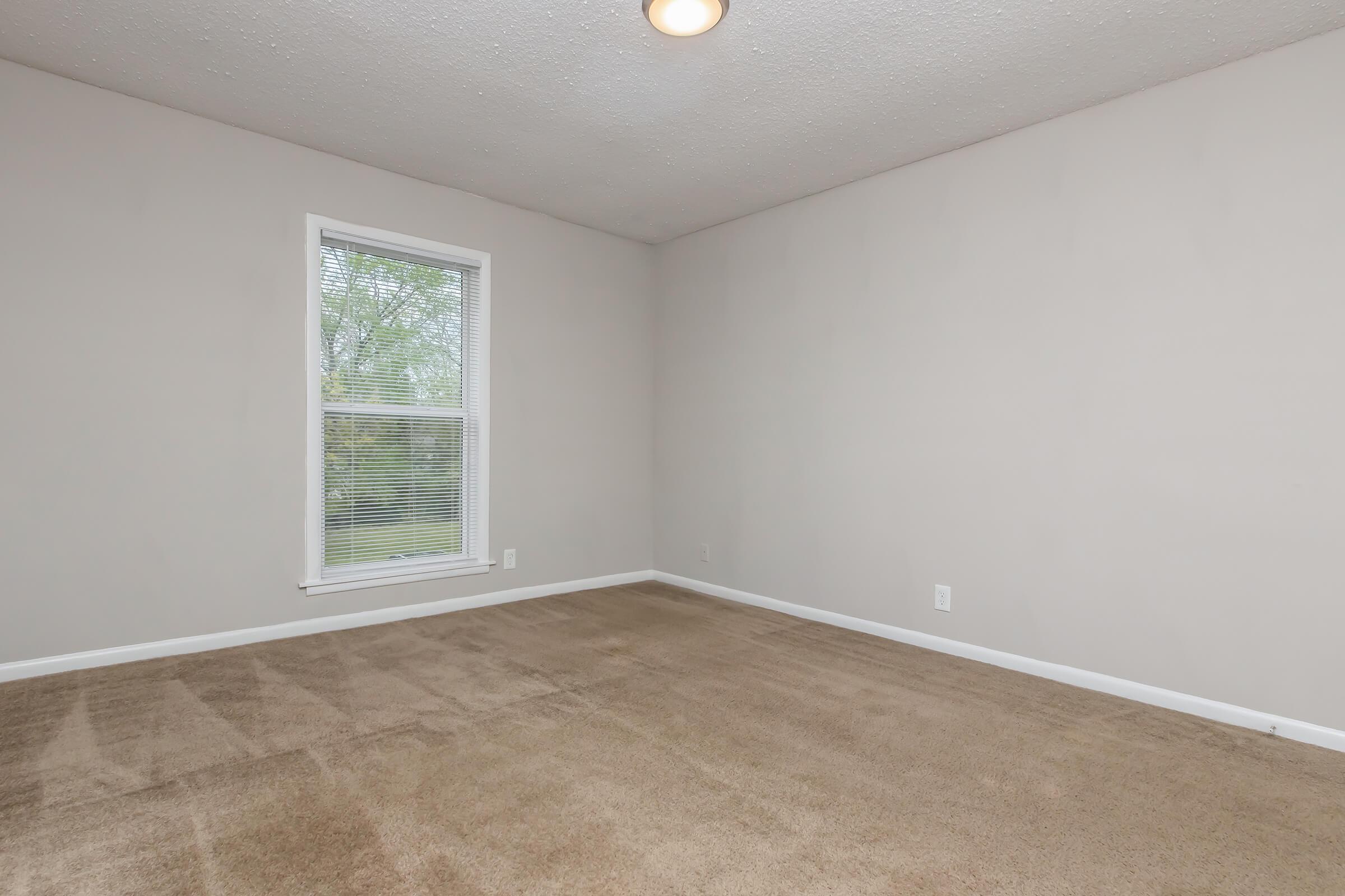 Empty room with light beige walls and a tan carpet. There's a single window with white trim allowing natural light in. The ceiling features a standard light fixture, and the overall space appears clean and ready for furnishing.