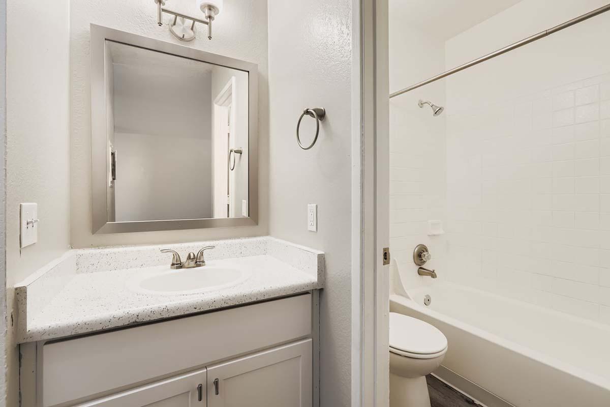 A small, modern bathroom featuring a white vanity with a sink, a large mirror above it, a shower/tub combo with white tiles, a toilet, and a towel ring on the wall. The walls are painted light gray, and there is a light fixture above the mirror, creating a bright and clean atmosphere.
