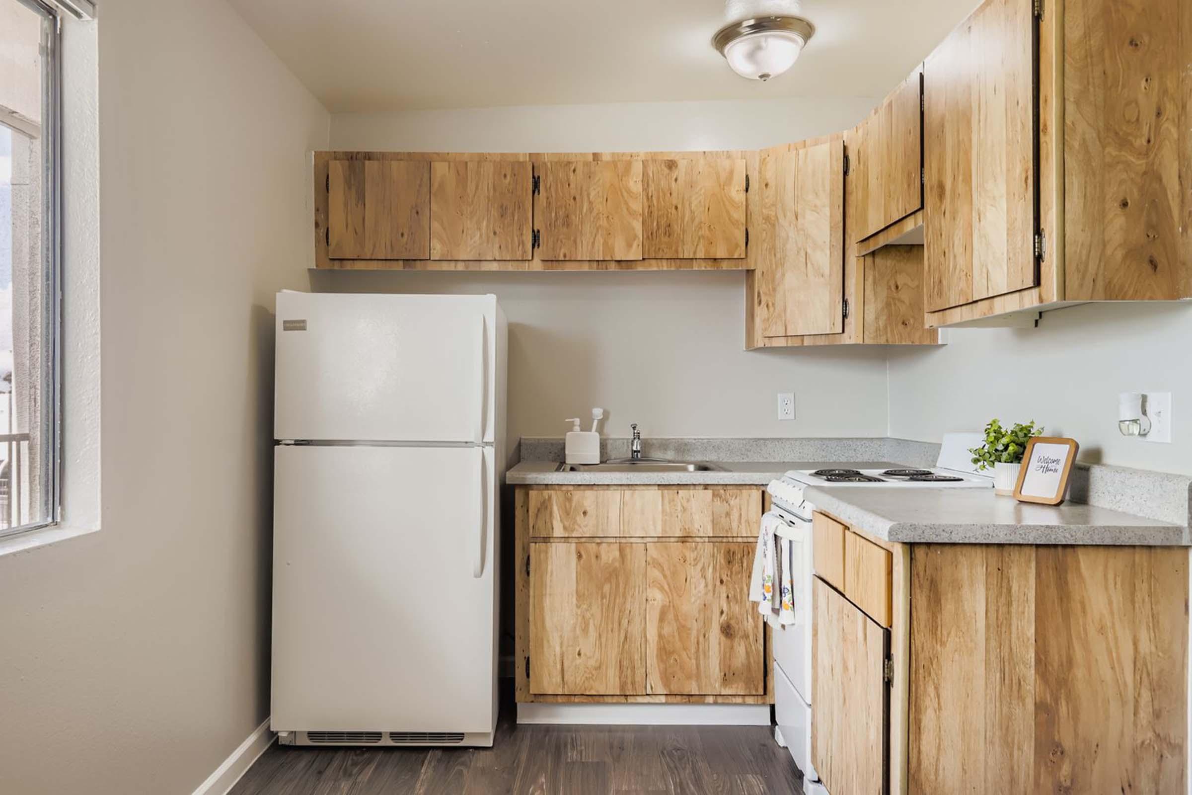 A modern kitchen featuring light wooden cabinets, a white refrigerator, a gray countertop, and a gas stove. Natural light enters through a window, illuminating the space. Minimal decorations and appliances create a clean, functional environment.