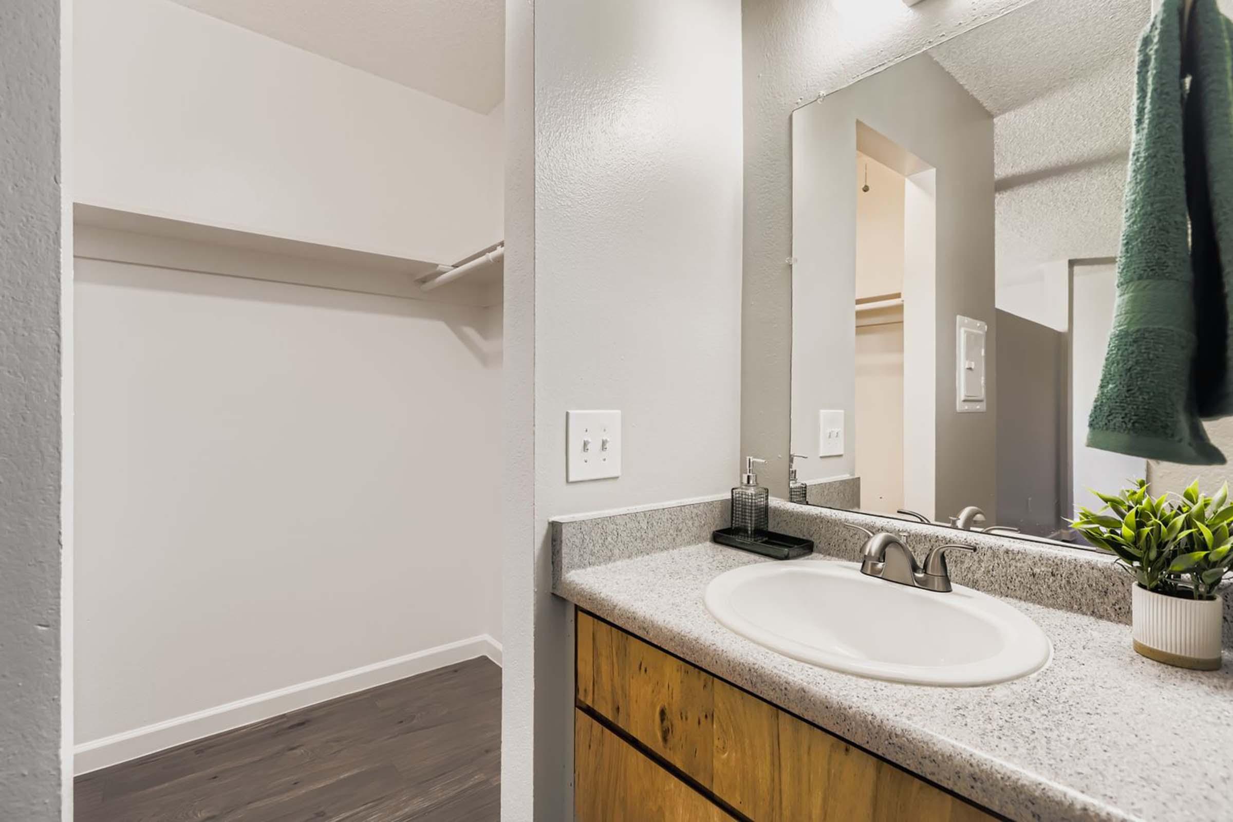 A bathroom area featuring a sink with a granite countertop and wooden cabinetry. A wall-mounted mirror reflects the space. To the left, there is an open closet space with a shelf. The flooring is dark wood, and a small potted plant sits on the countertop. A green towel hangs nearby.