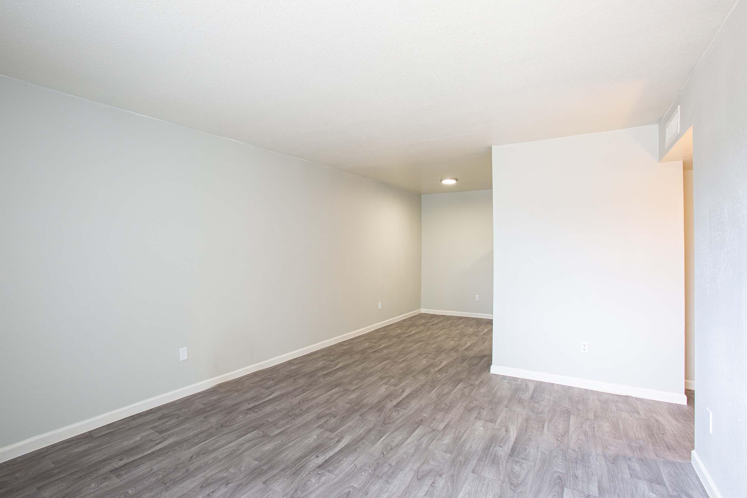 A spacious, empty room with light gray walls and a smooth, light-colored floor. The room features a white ceiling and a single overhead light fixture, creating a bright atmosphere. There are no furnishings present, making it ideal for customization or rearrangement.