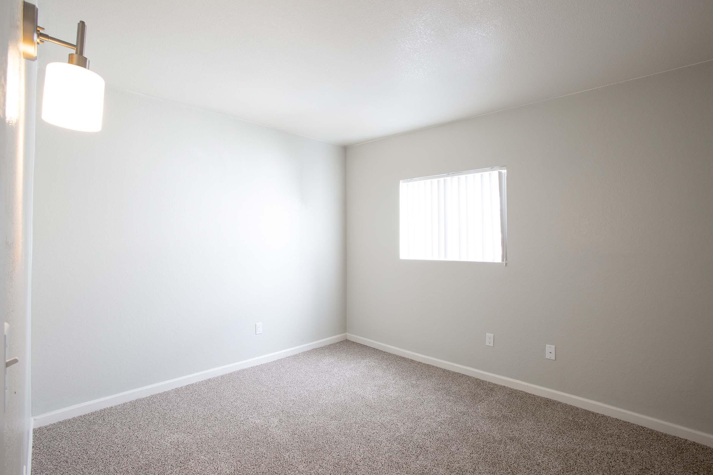 A small, empty room with light gray walls and beige carpet. There is a single window with blinds on one wall, allowing natural light to enter. A modern light fixture is mounted on the ceiling, and the room has a clean, minimalistic appearance with no furniture.