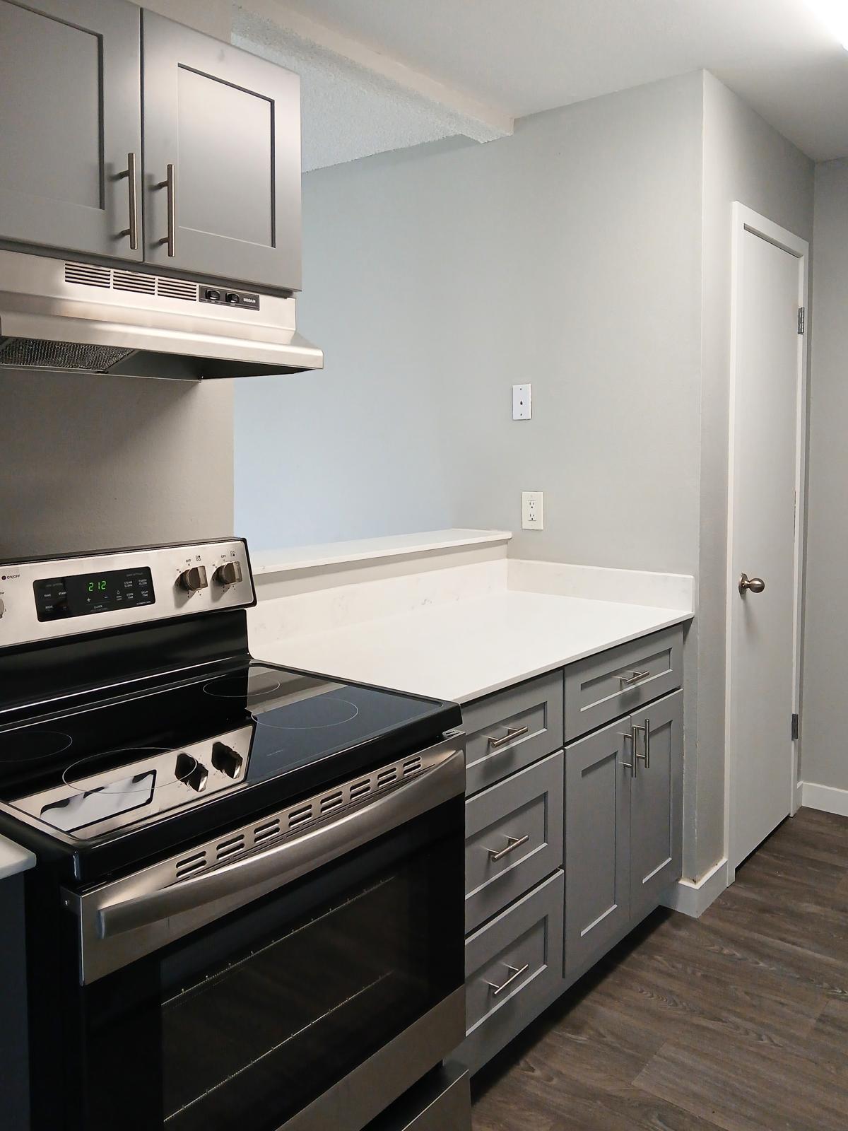 A modern kitchen featuring gray cabinets, a stainless steel oven, and a sleek countertop. The walls are painted in a light gray color, and there is a door on the right side, adding to the streamlined and contemporary design of the space. The floor has a wood-like appearance.