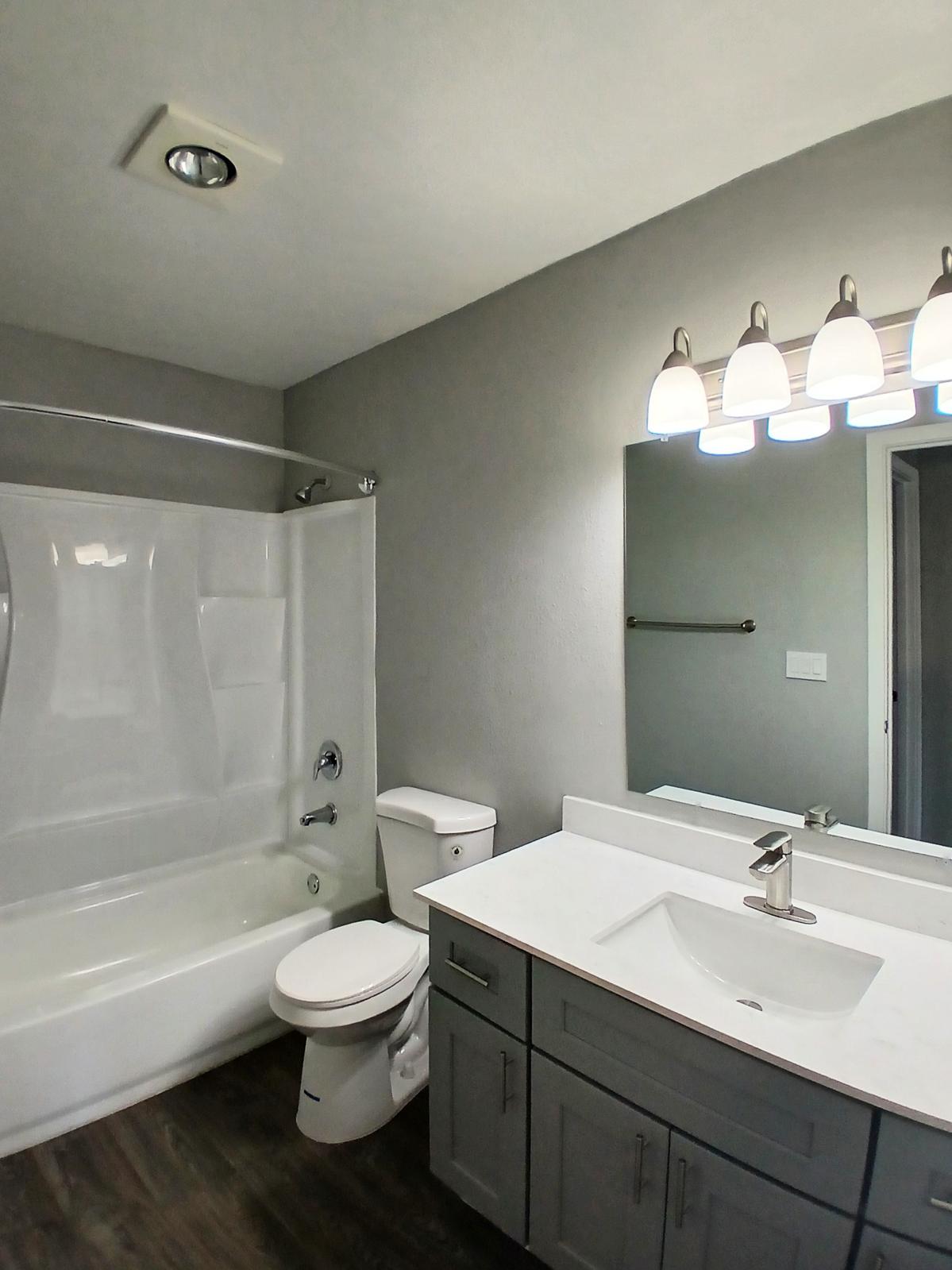 A modern bathroom featuring a white bathtub with a curved shower rod, a toilet, and a stylish vanity with a sink. The walls are painted gray, and there is a light fixture with five bulbs above the mirror. The flooring appears to be dark wood.