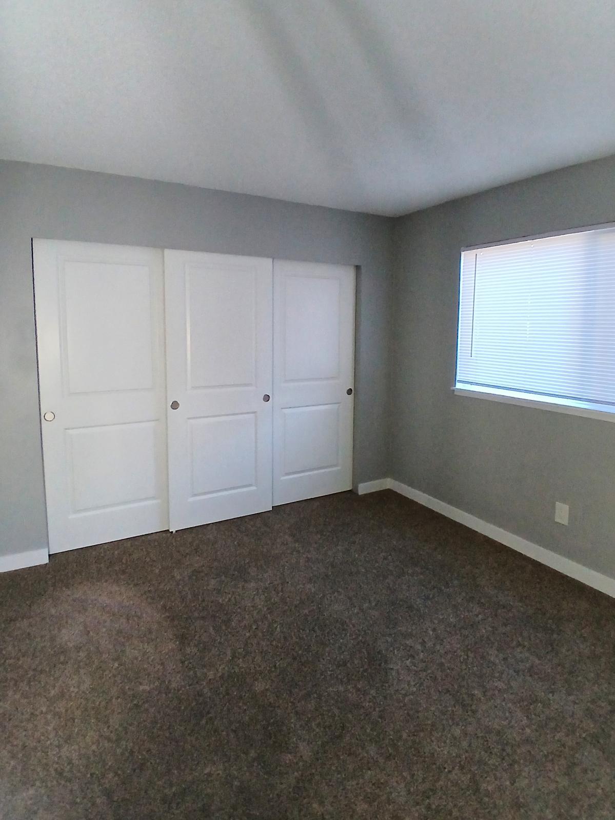 A vacant room with gray walls and a light-colored carpet. It features a large window with blinds, allowing natural light to enter, and three white double doors against one wall, likely leading to a closet or storage space. The overall ambiance is clean and spacious.