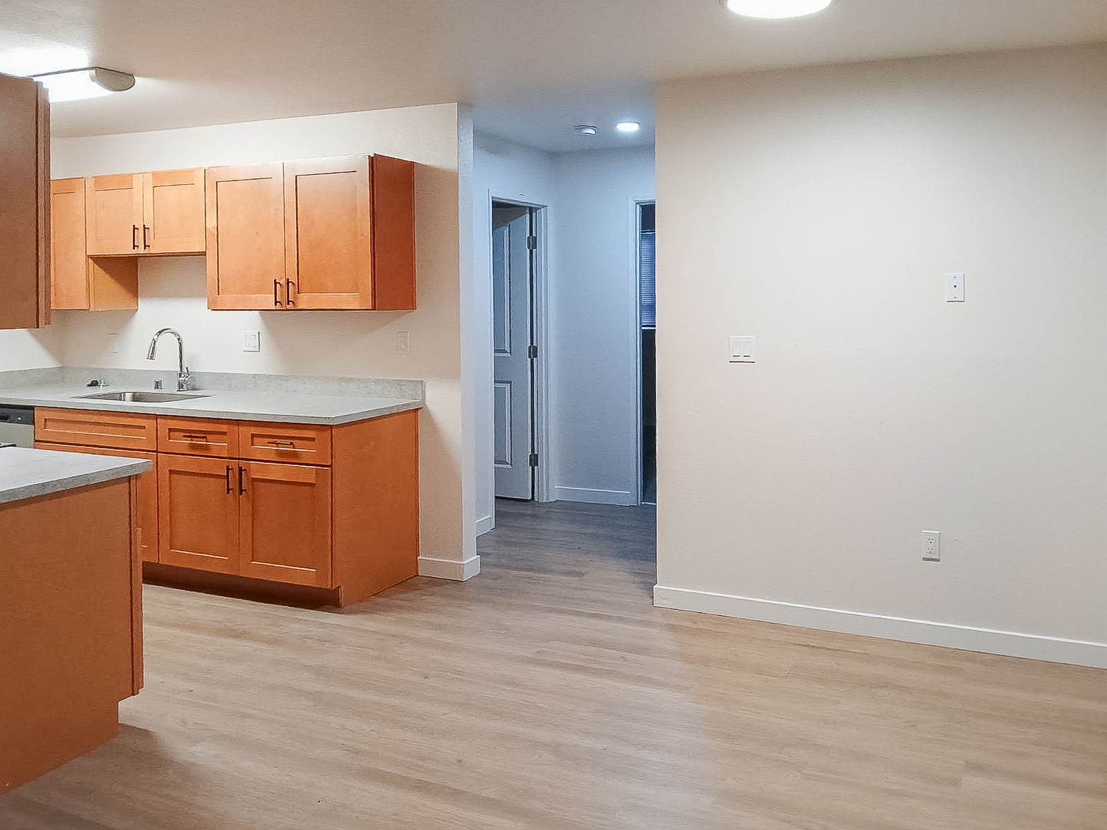 A modern kitchen featuring wooden cabinets, a countertop with a sink, and an open layout. The adjacent area has light-colored walls and a doorway leading to another room, with warm wood flooring throughout the space.