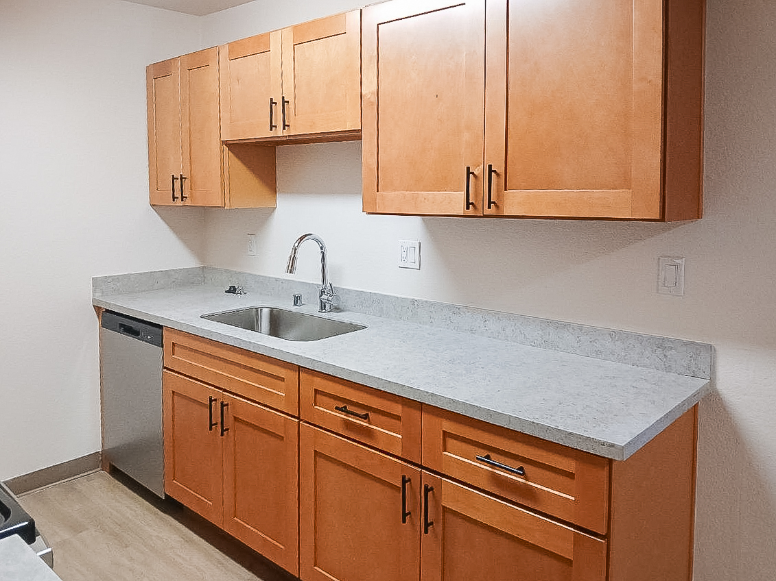 A modern kitchen featuring wooden cabinets in a warm tone, a stainless steel sink with a chrome faucet, and a gray countertop. The kitchen also includes a dishwasher beneath the counter, and the walls are painted a light color, enhancing the bright and open feel of the space.