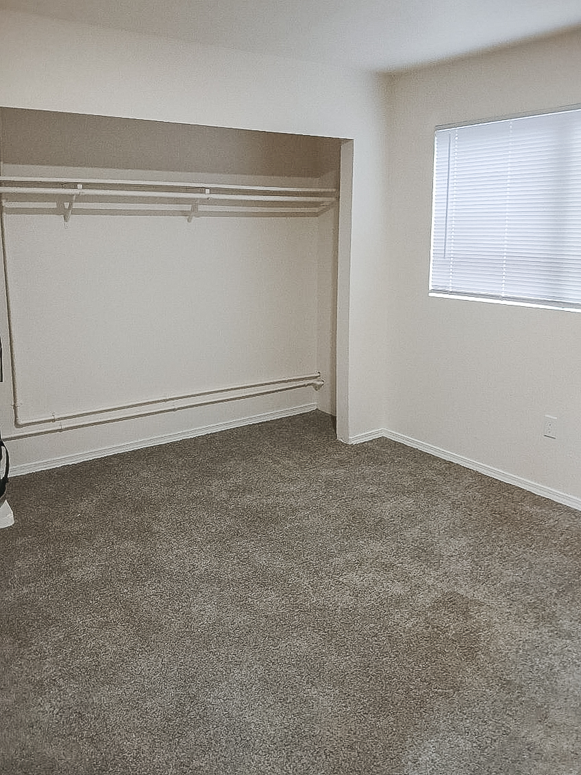 A spacious, empty room with light beige walls and a large window providing natural light. The floor is covered in soft, gray carpet. There is a built-in closet with white shelves, but no furniture or decorations in the room, creating a minimalist and open atmosphere.