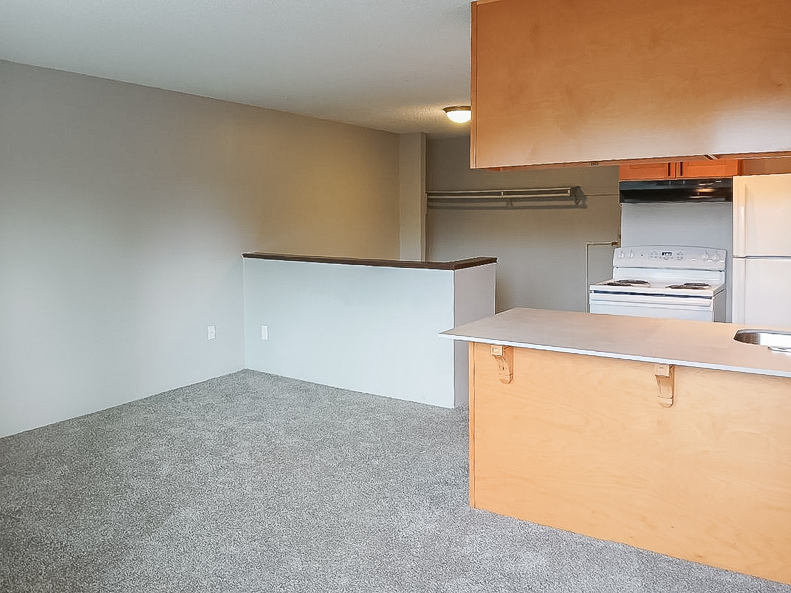 A spacious and well-lit apartment interior featuring a light gray carpet, a small bar area with a wooden countertop, and a kitchen visible in the background. The kitchen includes a white stove and refrigerator, with ample wall space and a ceiling light creating a welcoming atmosphere.