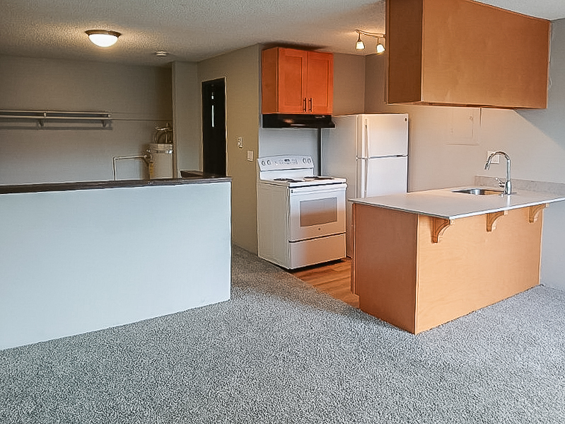 A view of a simple kitchen space featuring a white stove and refrigerator, wooden cabinets, a sink, and a light-colored counter. The floor is carpeted, and the walls are painted light gray. The kitchen has an open layout, providing a spacious feel.