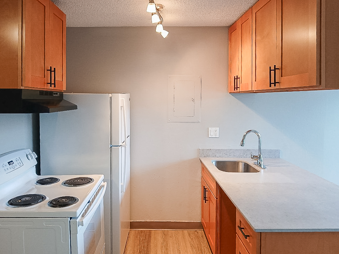 A modern kitchen featuring light wood cabinets, a white refrigerator, a stovetop with four burners, and a stainless steel sink. The walls are painted in a light color, and there is a small window above the sink, allowing natural light to brighten the space.