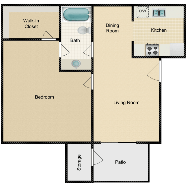Plan A, a 1 bedroom 1 bathroom floor plan.