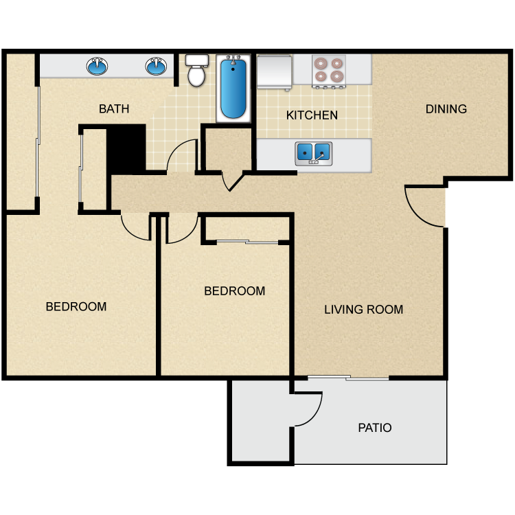 Plan B, a 2 bedroom 1.5 bathroom floor plan.