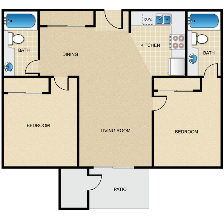Plan C, a 2 bedroom 2 bathroom floor plan.