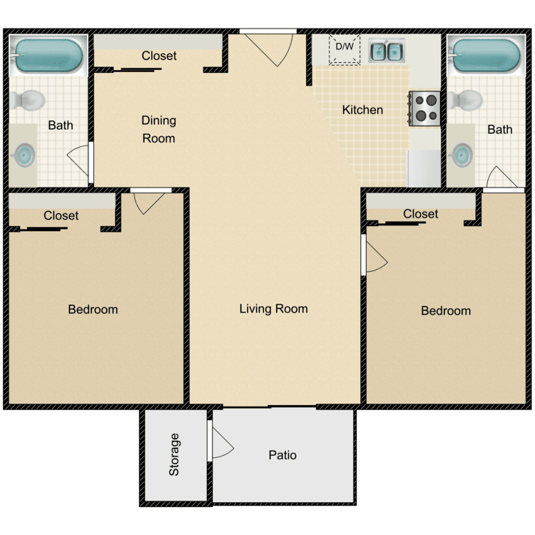 Plan C, a 2 bedroom 2 bathroom floor plan.