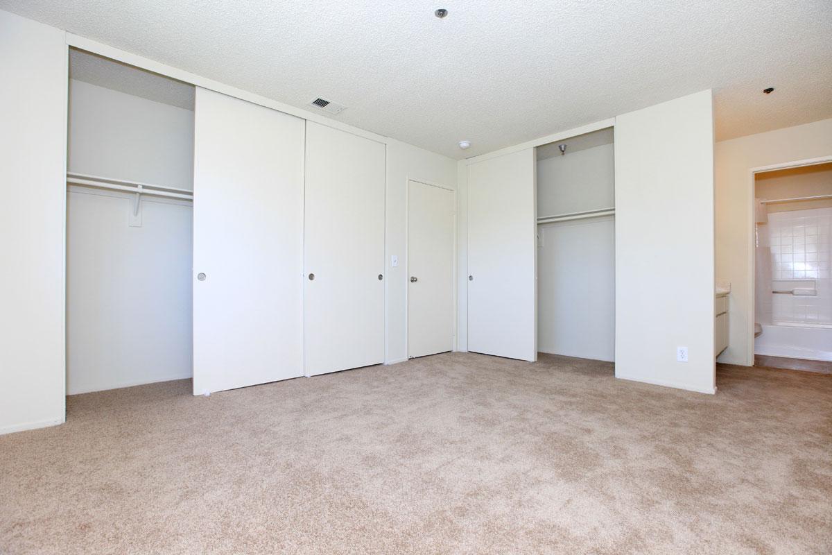 Carpeted bedroom with open closet doors