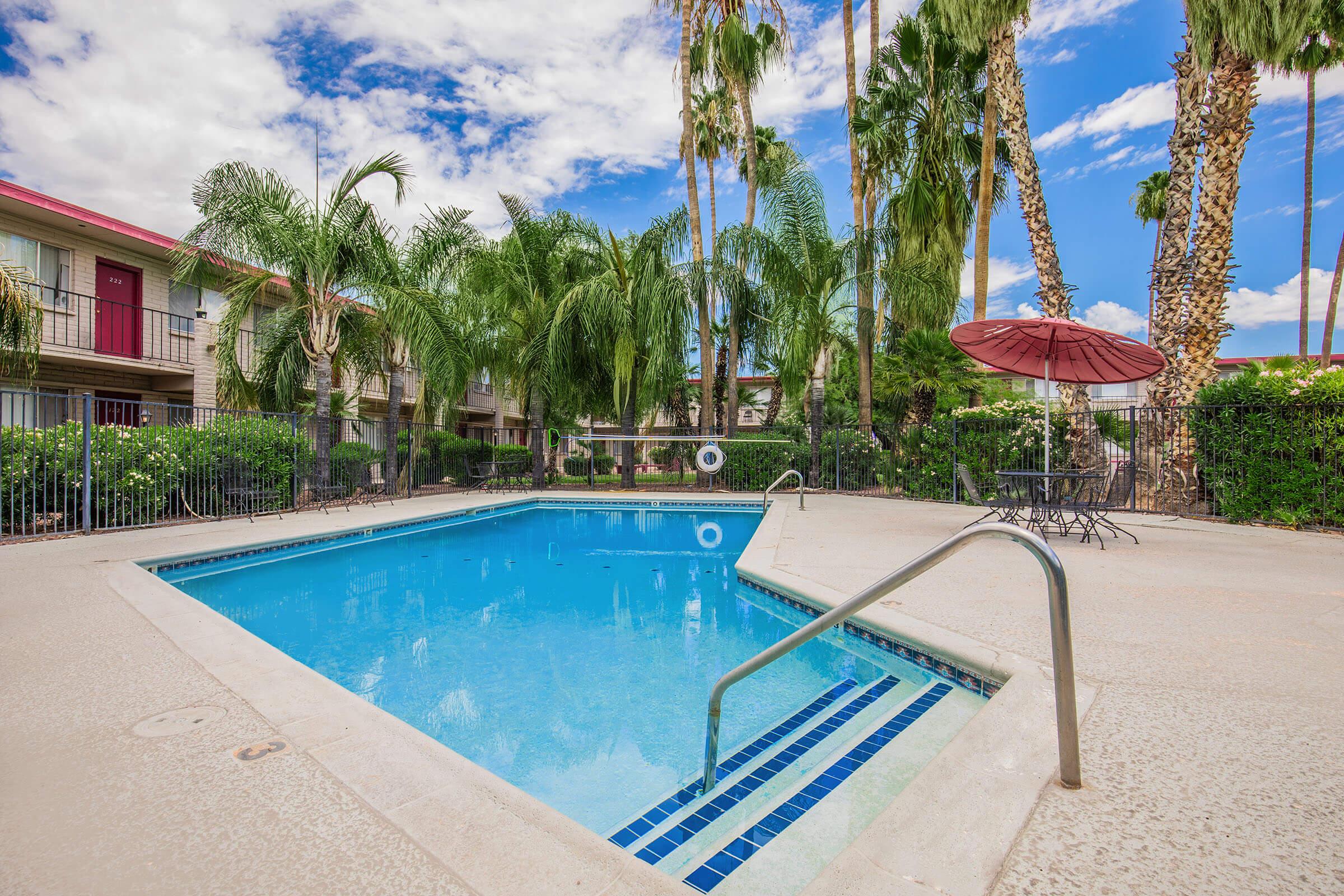 a pool next to a building