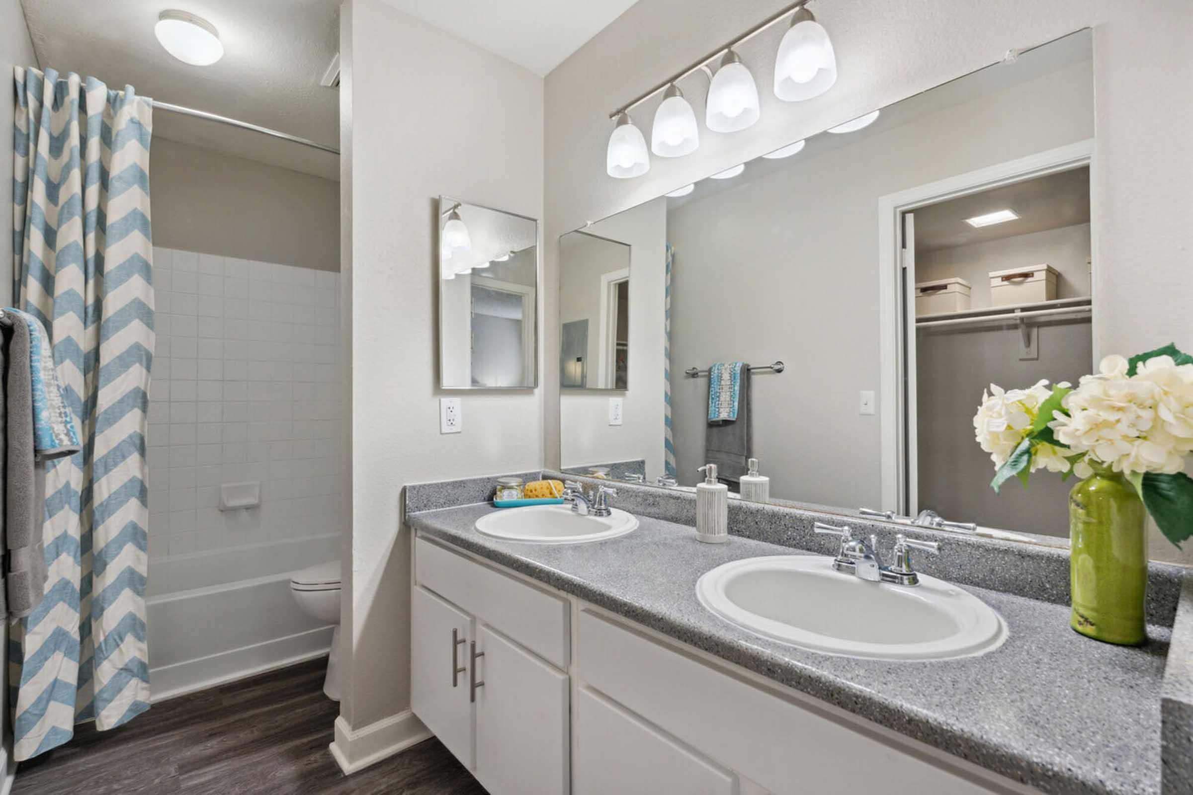 A modern bathroom featuring a double sink vanity with a gray countertop, two mirrors, and silver fixtures. There's a shower with a chevron-patterned curtain and a white bathtub.