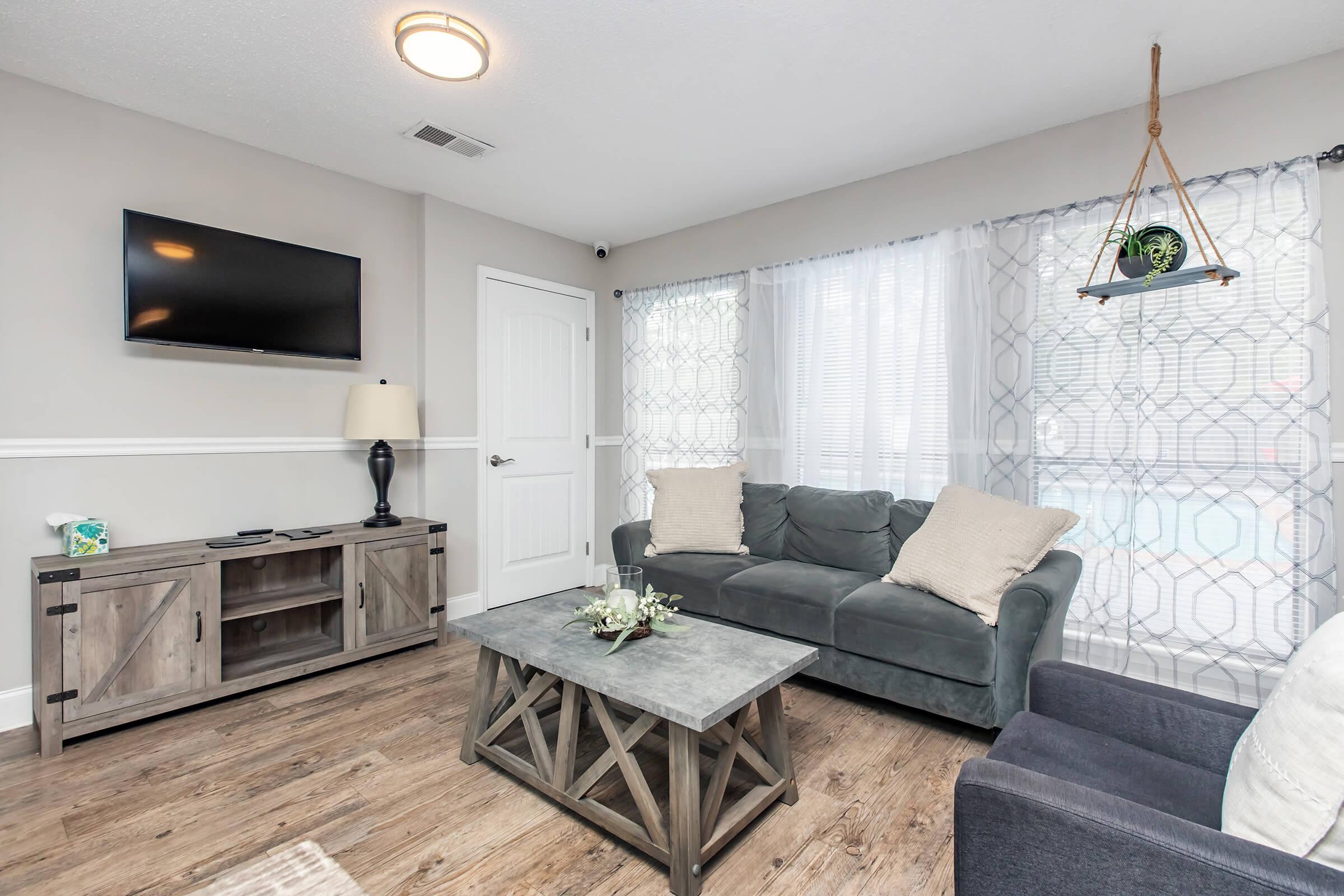 Cozy living room featuring a gray sofa with pillows, a dark wood coffee table, and a television mounted on the wall. There’s a console table beneath the TV and large windows dressed with sheer curtains, allowing natural light to brighten the space. A plant is suspended in a decorative hanging planter.