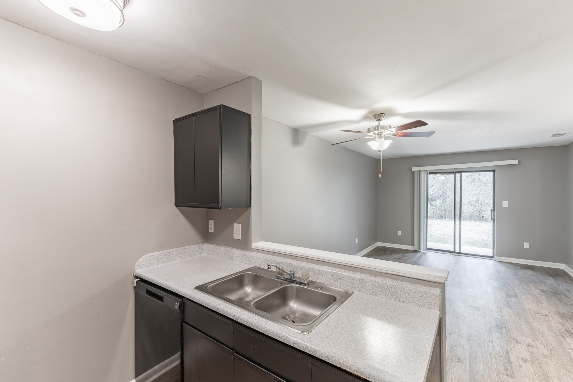 A modern kitchen view featuring a double sink and dark cabinetry, with an open layout leading into a living area. A ceiling fan is visible, and sliding glass doors provide access to an outdoor space. The walls are painted in neutral tones, enhancing the bright and airy atmosphere.