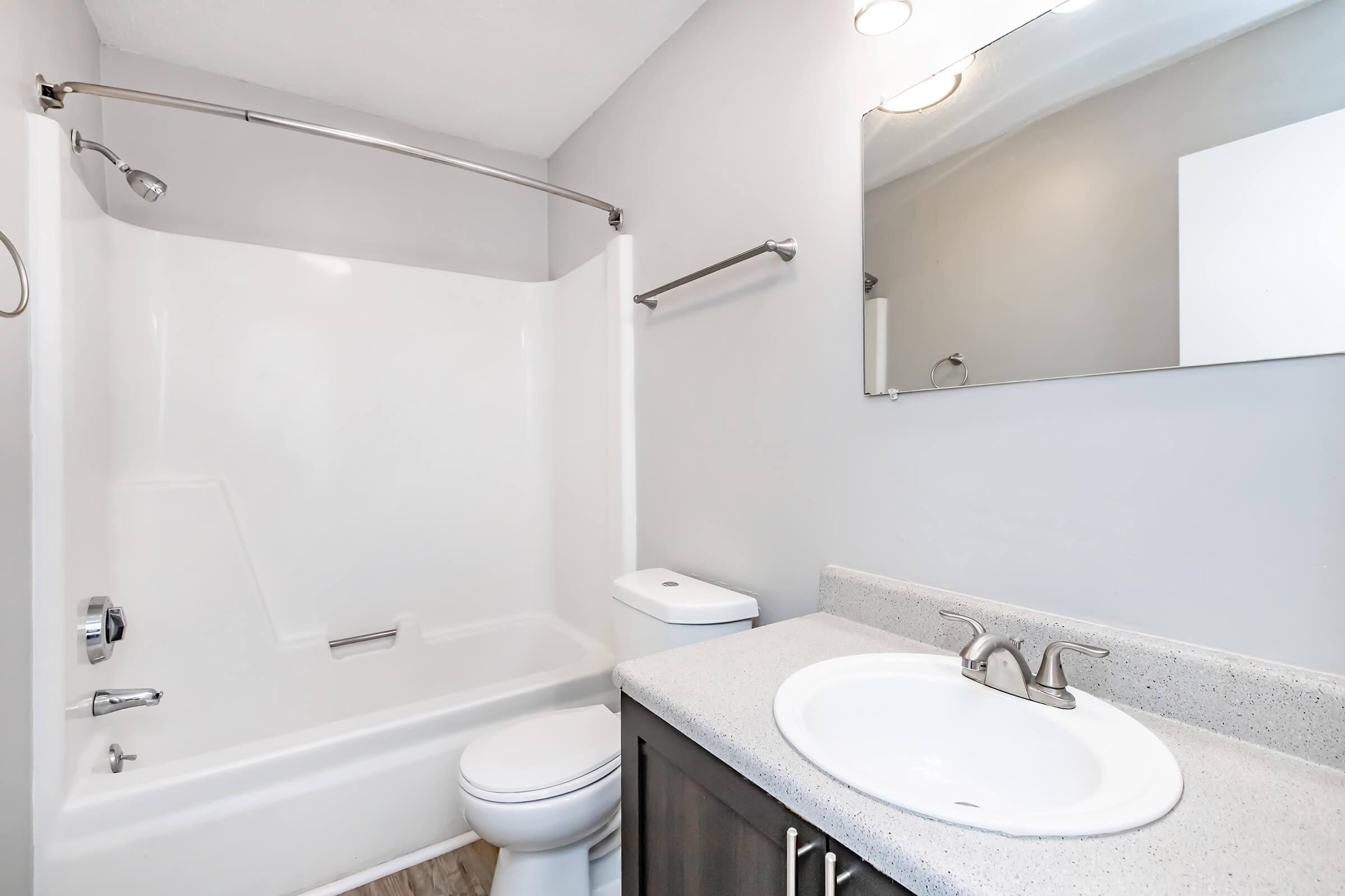 A clean, modern bathroom featuring a shower tub combo with a curved shower rod, a toilet, and a vanity with a sink. The walls are painted light gray, and there is a large mirror above the sink, providing ample lighting and a spacious feel. The floor has a neutral tile design.