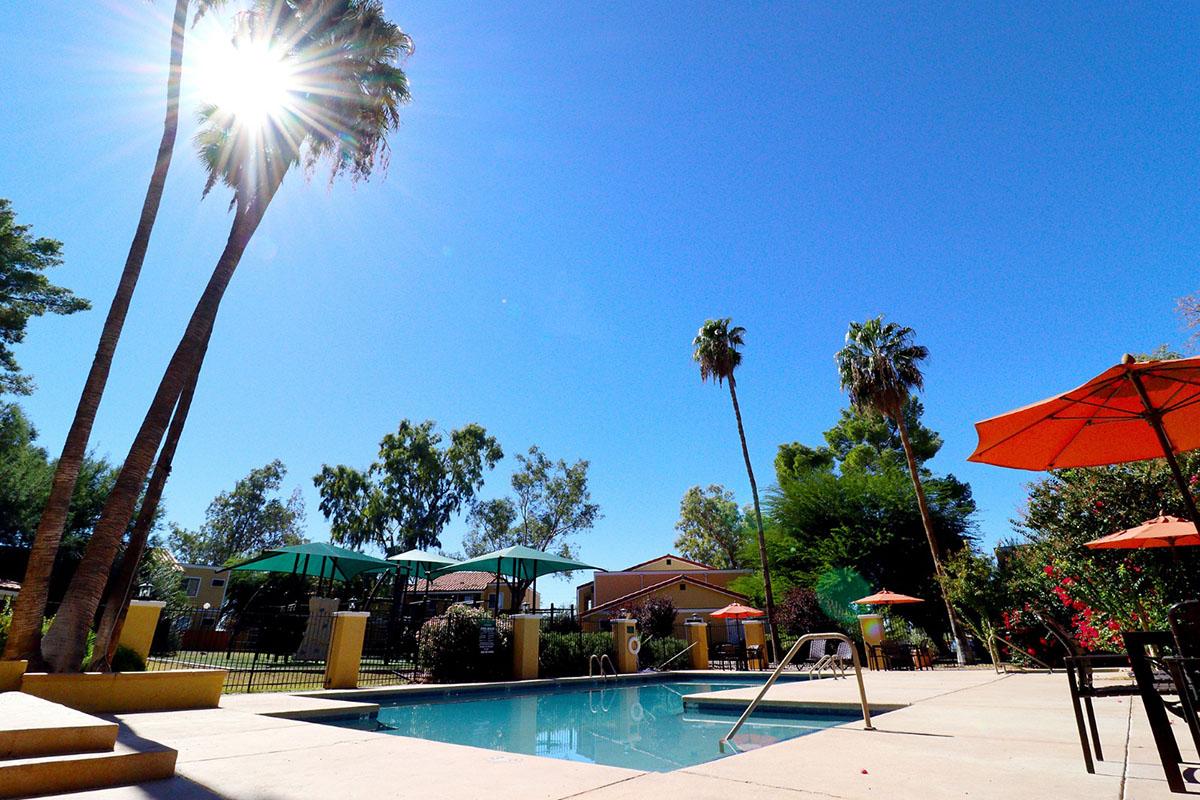 A clear blue sky with the sun shining brightly, casting rays over a swimming pool surrounded by palm trees. Colorful umbrellas provide shade in the outdoor area, and green foliage adds to the lush atmosphere, creating a serene and inviting recreational space.