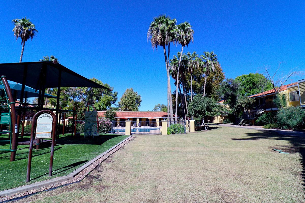 A sunny outdoor area featuring a playground with a shaded structure, surrounded by palm trees and green grass. In the background, there is a building with a swimming pool, bordered by lush bushes and trees, under a clear blue sky.