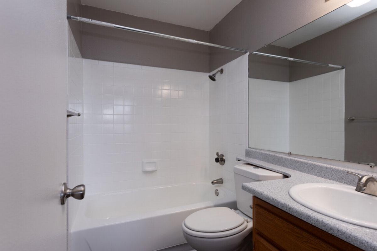 A simple bathroom featuring a white bathtub with a shower, a toilet, and a sink with a granite countertop. The walls are painted gray, and there is a mirror above the sink. The overall space is bright and clean, with tiled walls in the shower area.