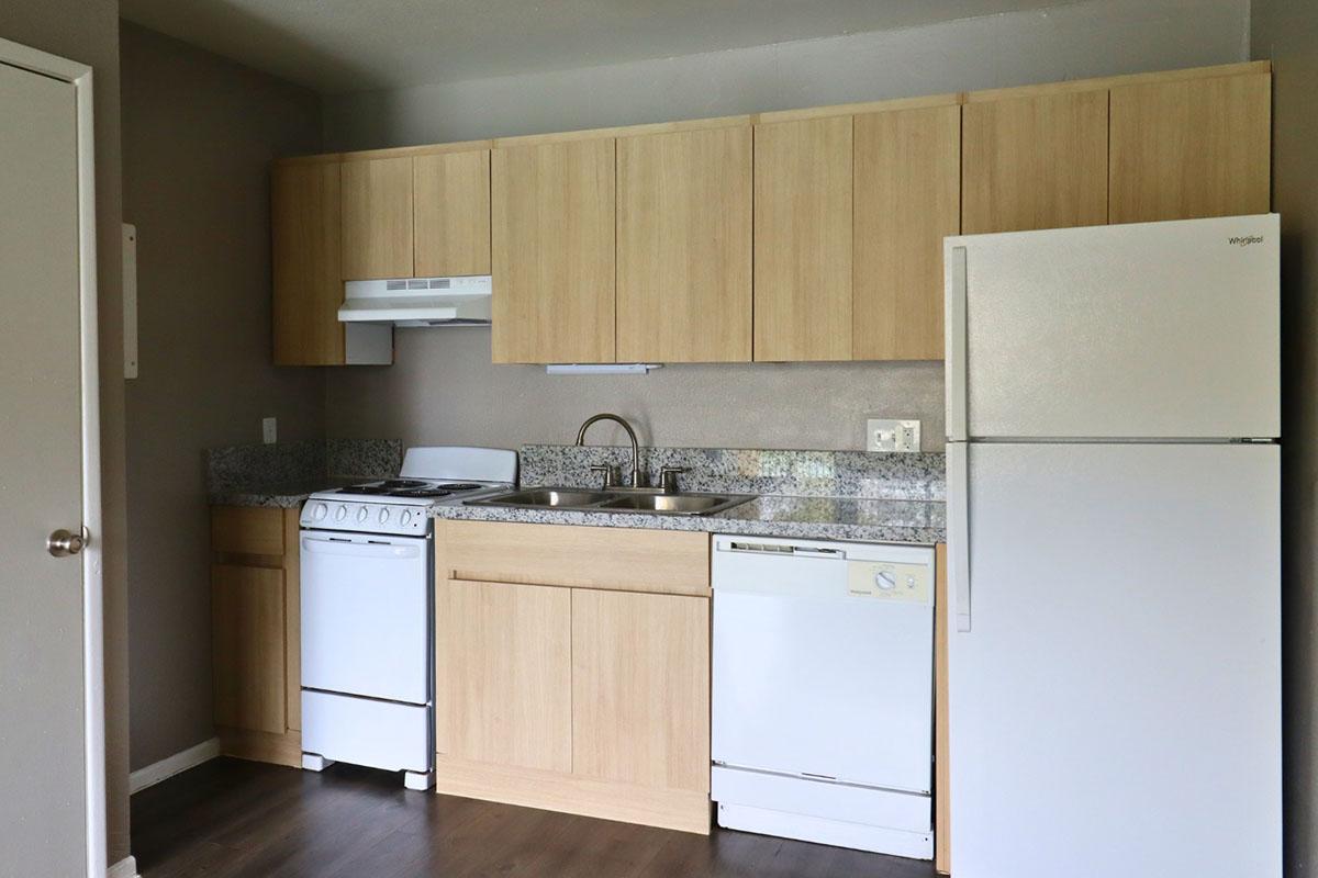 Modern kitchen featuring light wood cabinetry, stainless steel sink, and a series of appliances including a gas stove, dishwasher, and refrigerator. The countertop is made of speckled granite, and the walls are painted in a neutral tone, creating a contemporary and clean look.