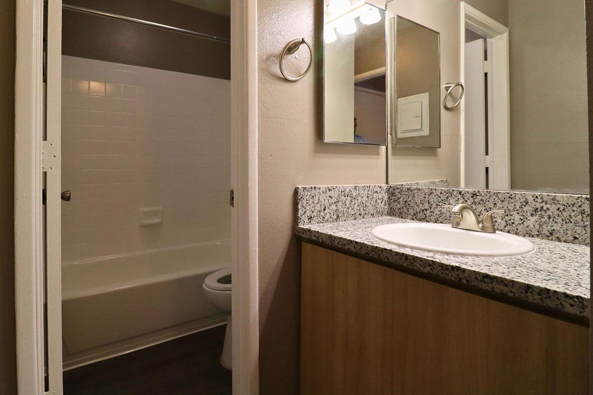 A clean bathroom featuring a granite countertop with a sink, a large mirror above, and a towel ring. The room includes a bathtub with a shower, a toilet, and a door leading to another room. The walls are painted a neutral color, and the floor is dark, enhancing the modern look.