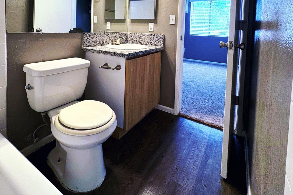 A modern bathroom featuring a white toilet, a wooden vanity with a granite countertop and sink, and a large mirror. The floor has dark wood-like tiles, and a doorway leads to a carpeted area with natural light coming through a window.