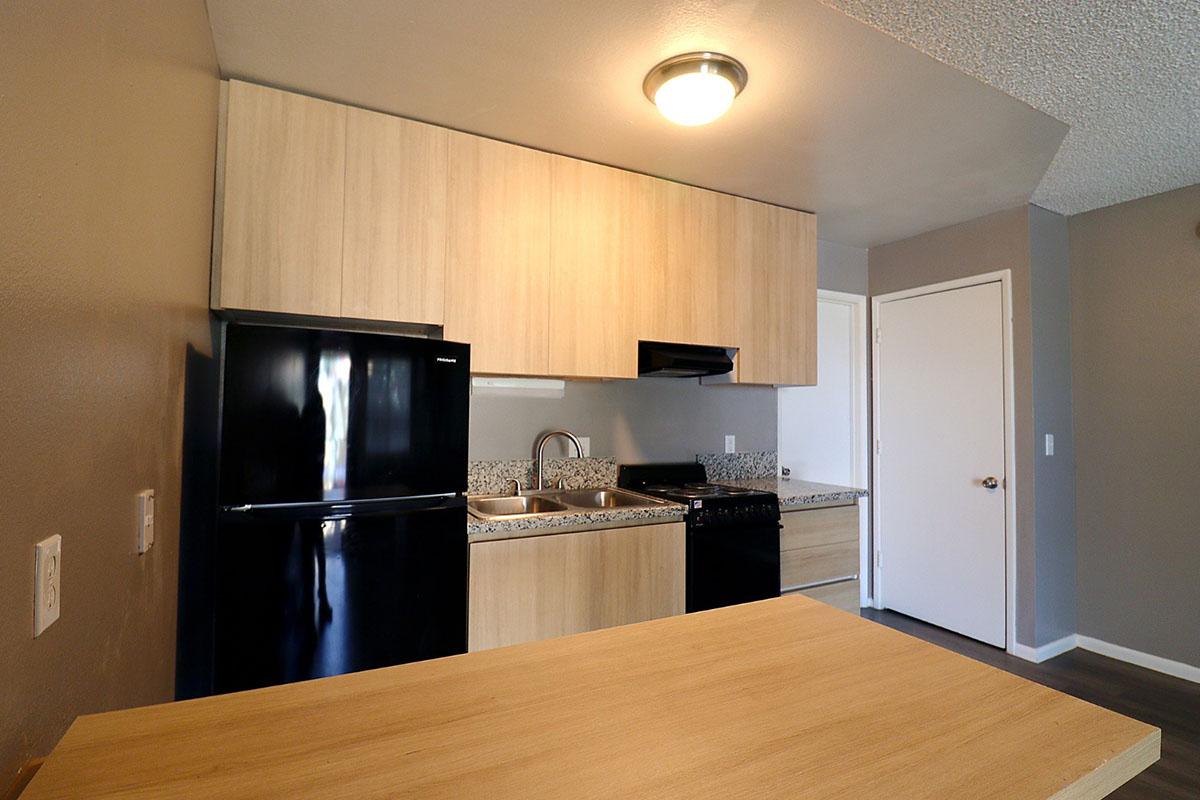 A modern kitchen featuring wood cabinetry, a black refrigerator, a black dishwasher, and a sink with a granite countertop. The walls are painted in neutral tones, and there is a light fixture on the ceiling. The space is well-lit and appears functional and stylish.