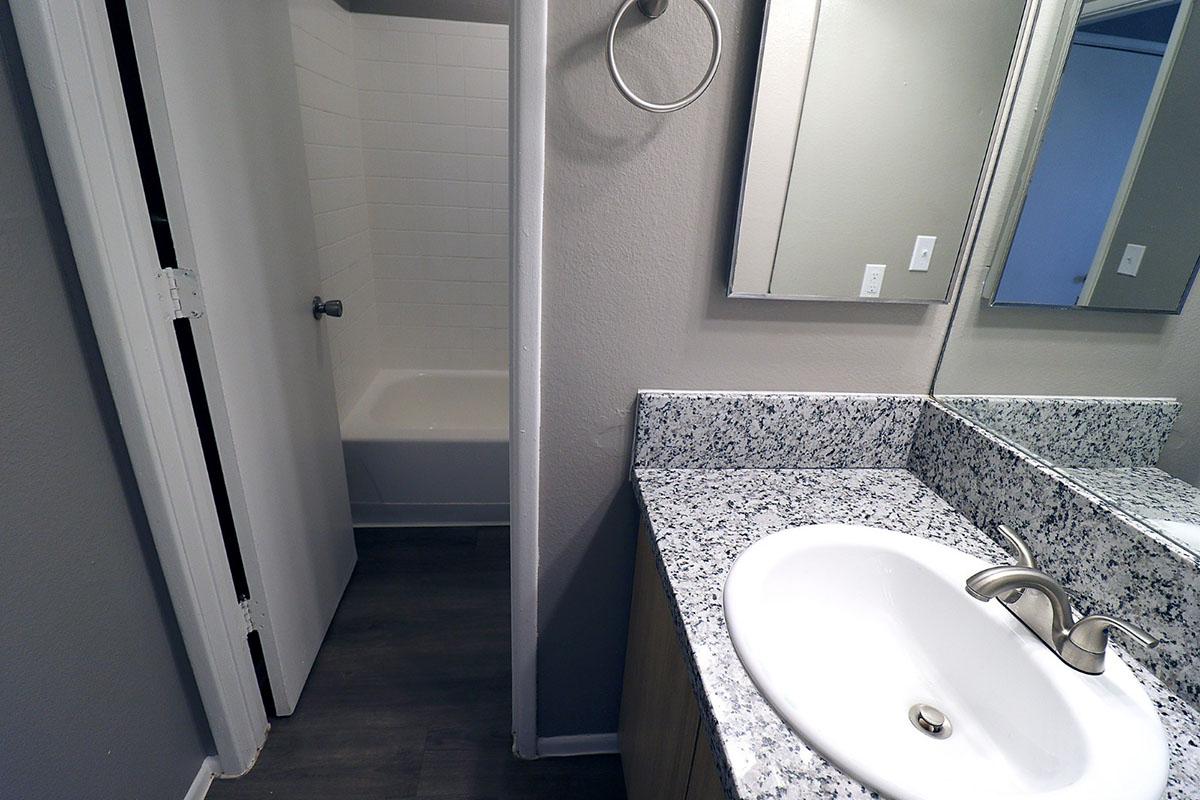 A modern bathroom featuring a white sink with a granite countertop, a large mirror above the sink, and a shower area with white tiles in the background. The walls are painted a light gray, and there is a towel ring on the left wall. The flooring is a dark wood finish.