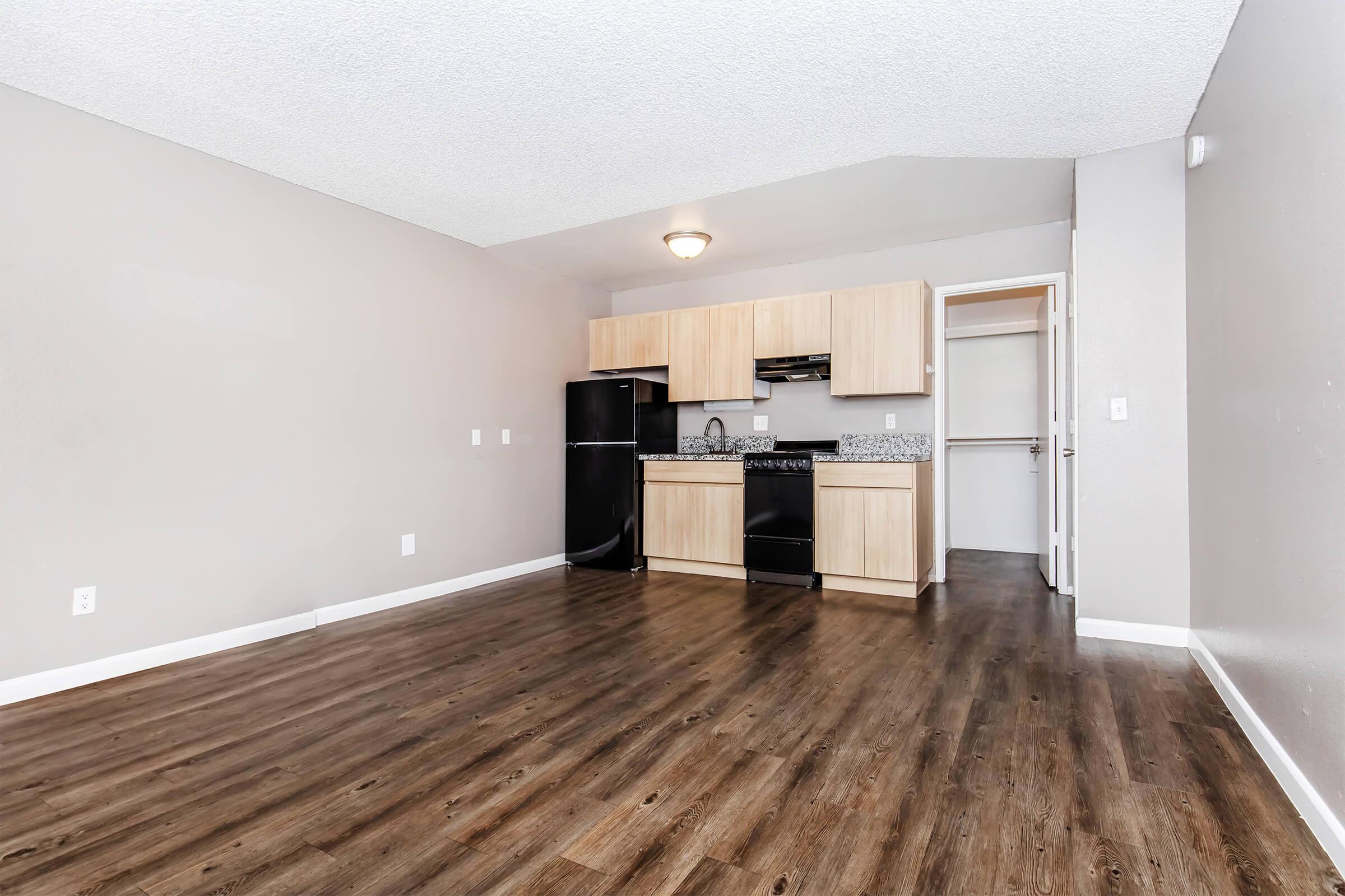 A spacious interior of an apartment featuring a kitchen with black appliances, light wooden cabinets, and a granite countertop. The living area has hardwood-style flooring and light gray walls, with a doorway leading to another room. Natural light fills the space, creating an inviting atmosphere.
