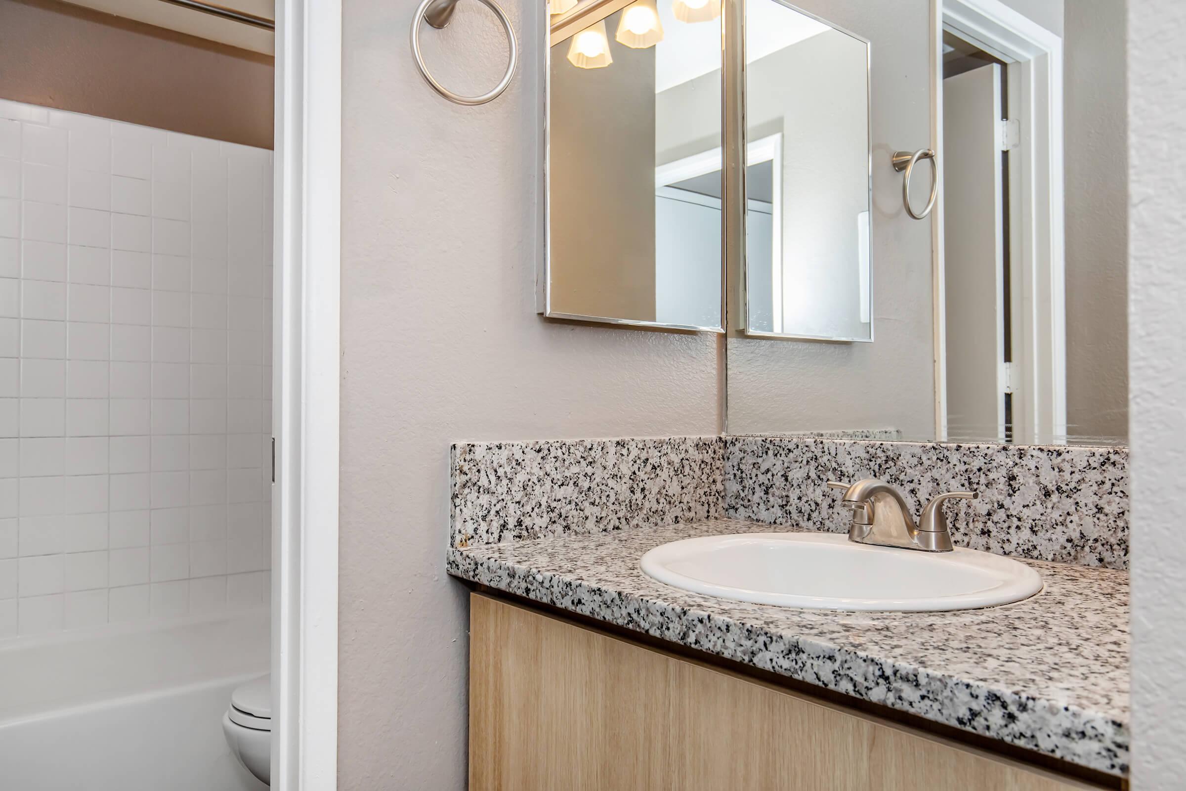A clean bathroom featuring a granite countertop with an oval sink, a wall-mounted mirror, and a shower area. The walls are painted in a light color, and there's a towel ring beside the sink. The overall design is modern and tidy.