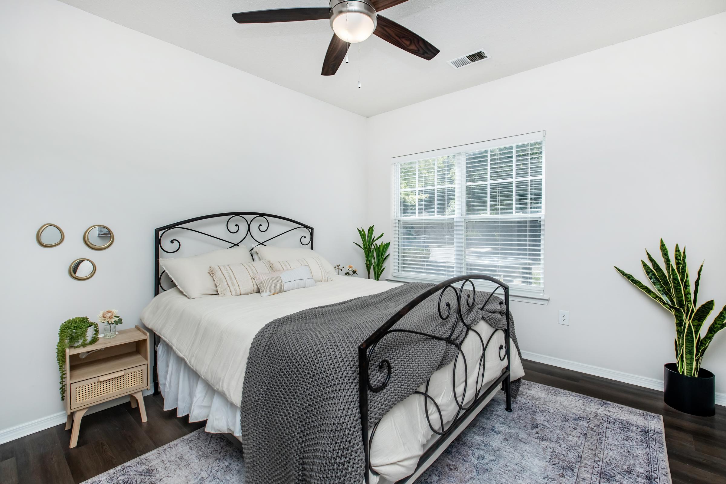 A cozy bedroom featuring a black metal bed frame with a white bedspread and decorative pillows, a nightstand with plants and decor, and large windows letting in natural light. The room has light-colored walls and a stylish rug, with a tall indoor plant in the corner.