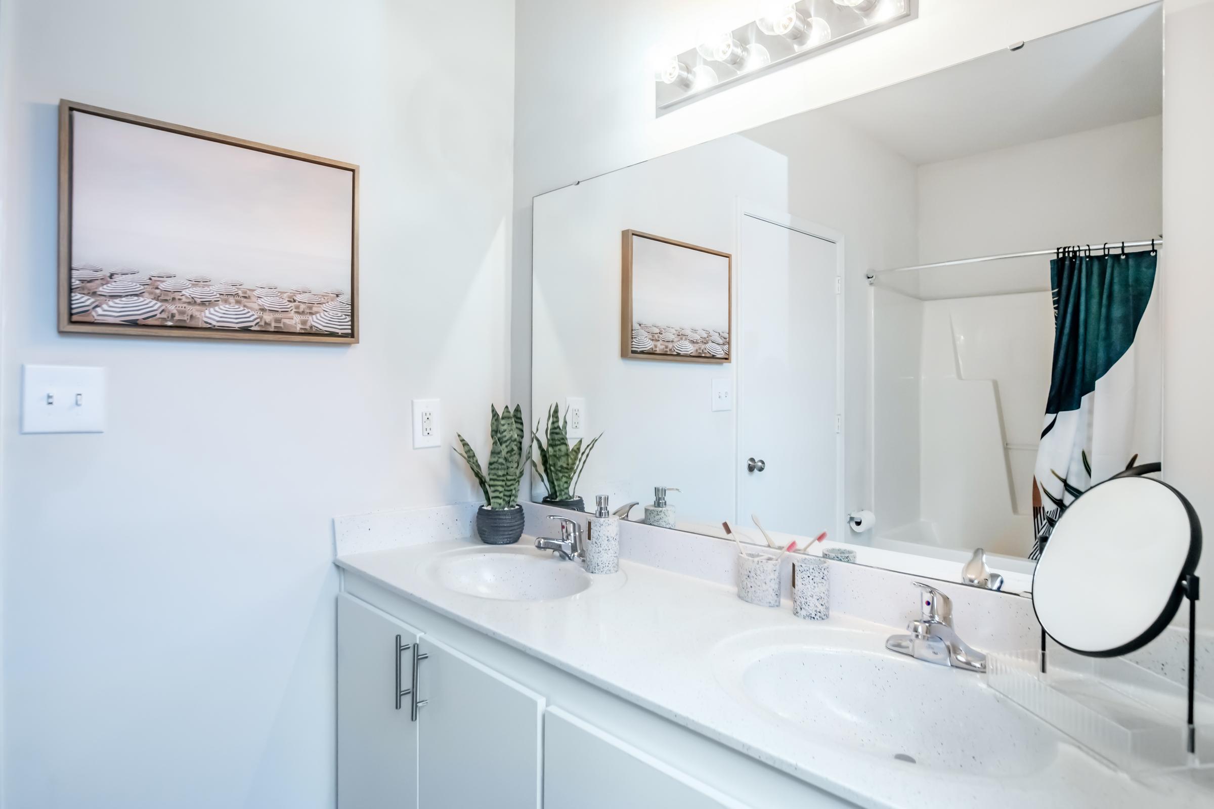 A modern bathroom featuring a double-sink vanity with a white countertop, framed artwork of a beach scene on the wall, a large mirror, and several potted plants. The bathroom includes a shower area with a curtain and light-colored walls.