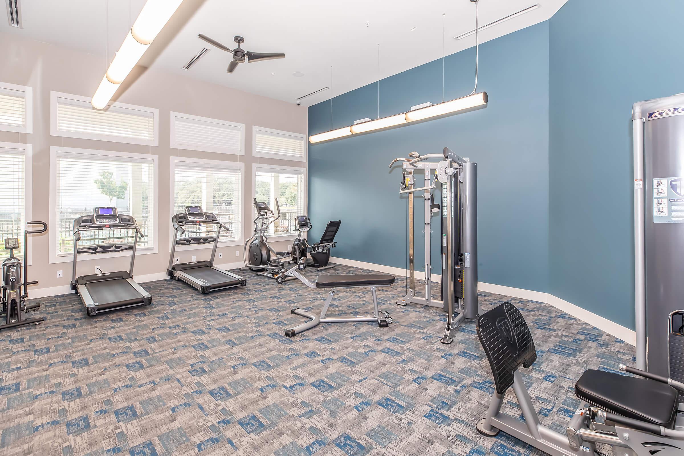 A modern gym interior featuring various exercise equipment. There are treadmills, an elliptical machine, and strength training equipment. Large windows allow natural light, and the walls are painted a calming blue. The space has a clean, organized layout with a textured carpet underfoot.
