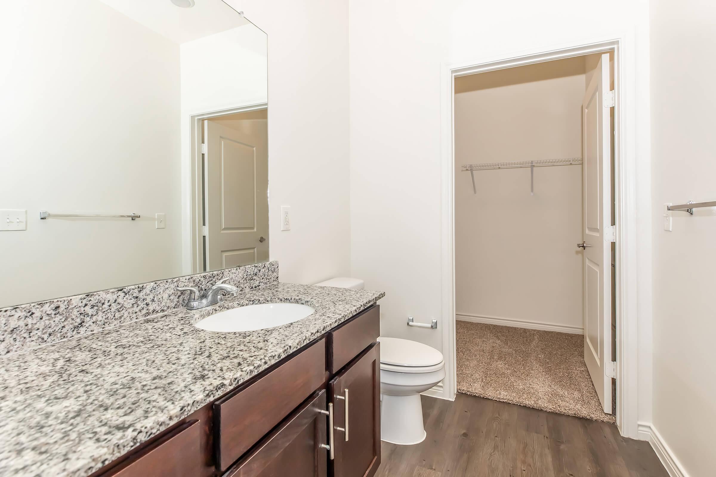 A clean bathroom featuring a granite countertop with a sink, a modern toilet, and a door leading to a spacious closet. The walls are painted a light color, and the flooring is a wood-like material, creating a bright and open atmosphere.