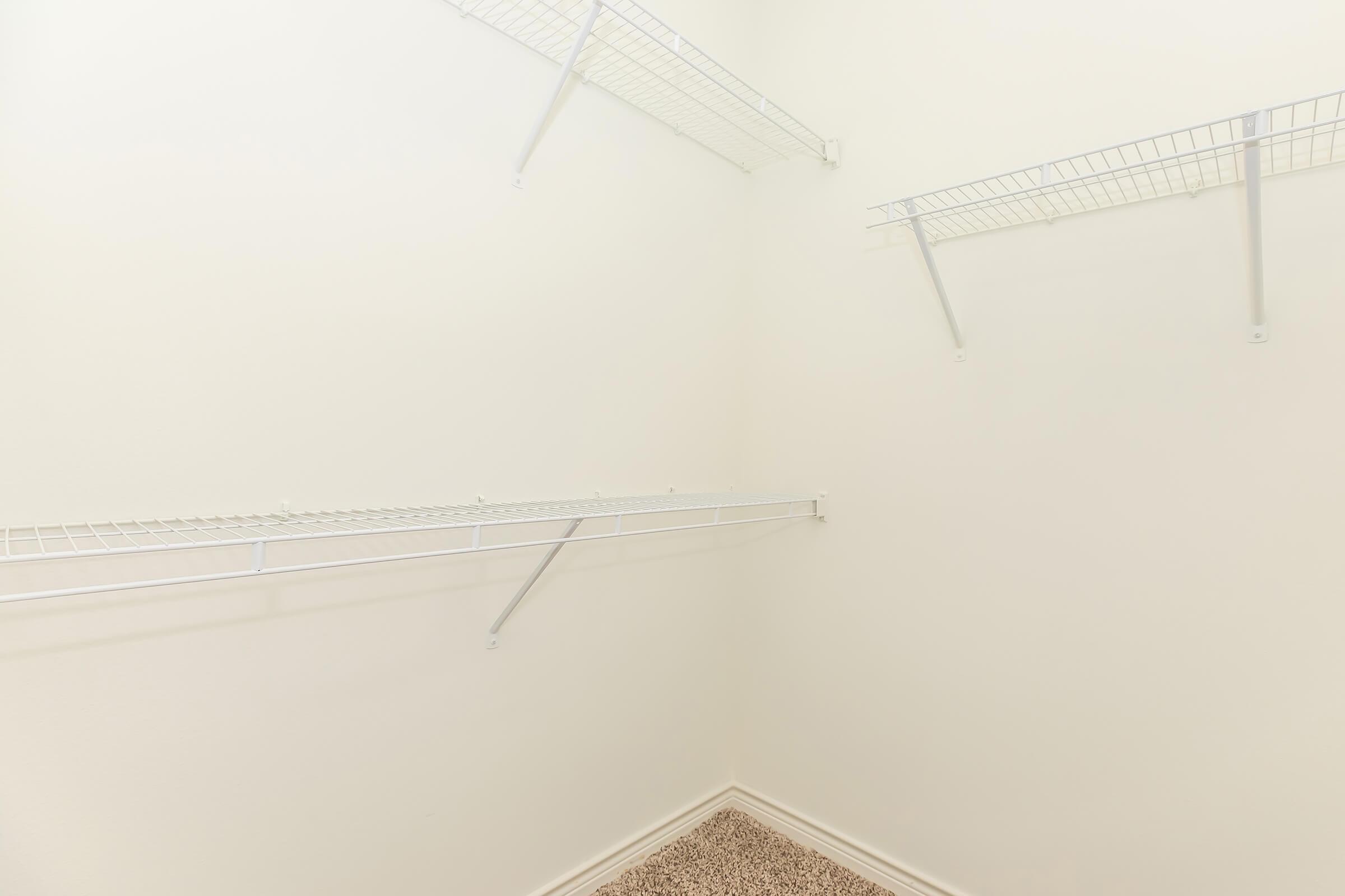 An empty closet with bare white walls and two wire shelving units attached to the sides. The floor is covered with beige carpet, creating a clean and minimalist storage space.