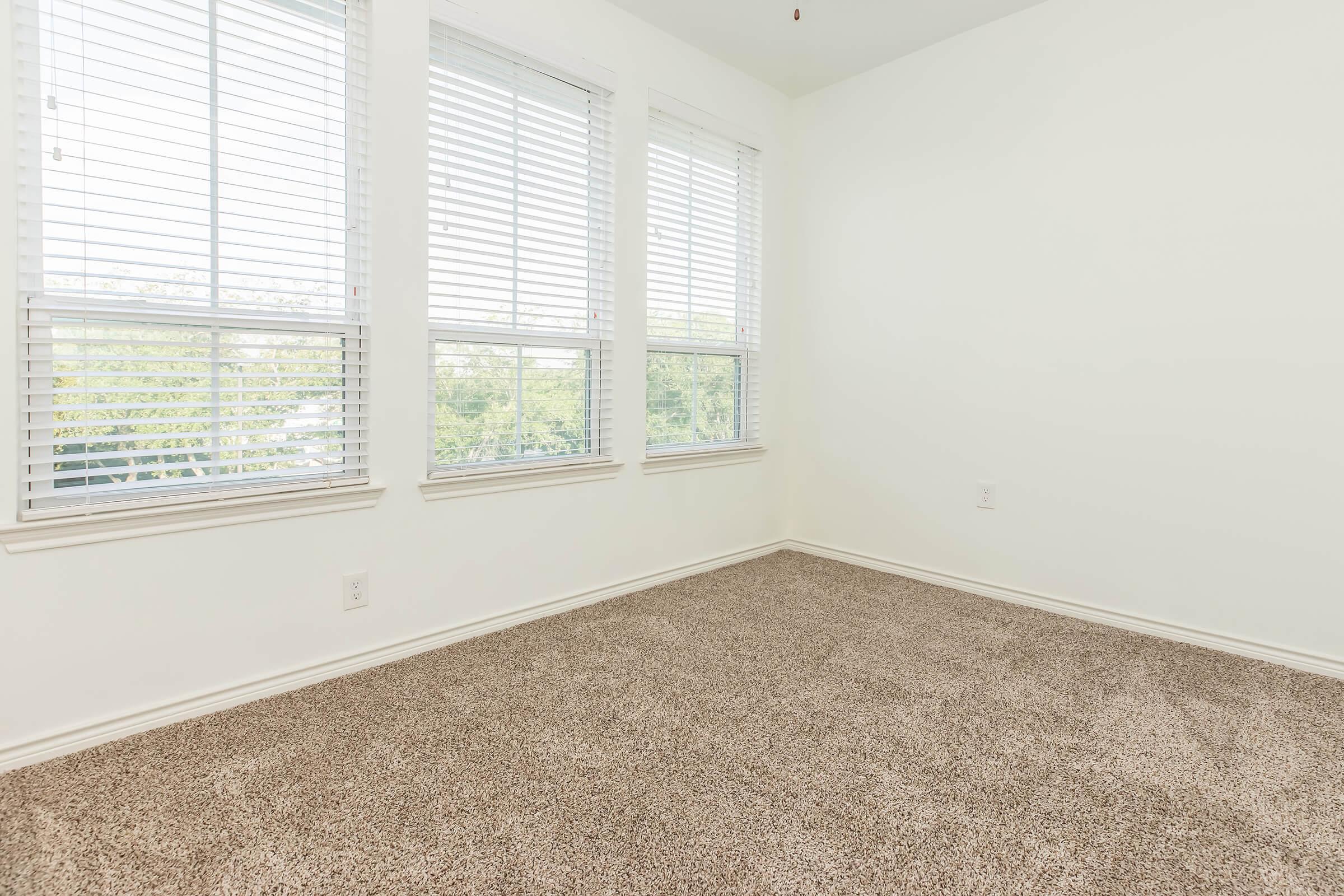 A bright, empty room with light-colored walls and large windows covered with white blinds. The floor is carpeted in beige, creating a cozy atmosphere. The room features a ceiling fan and is furnished minimally to highlight the spaciousness and natural light coming in from outside.