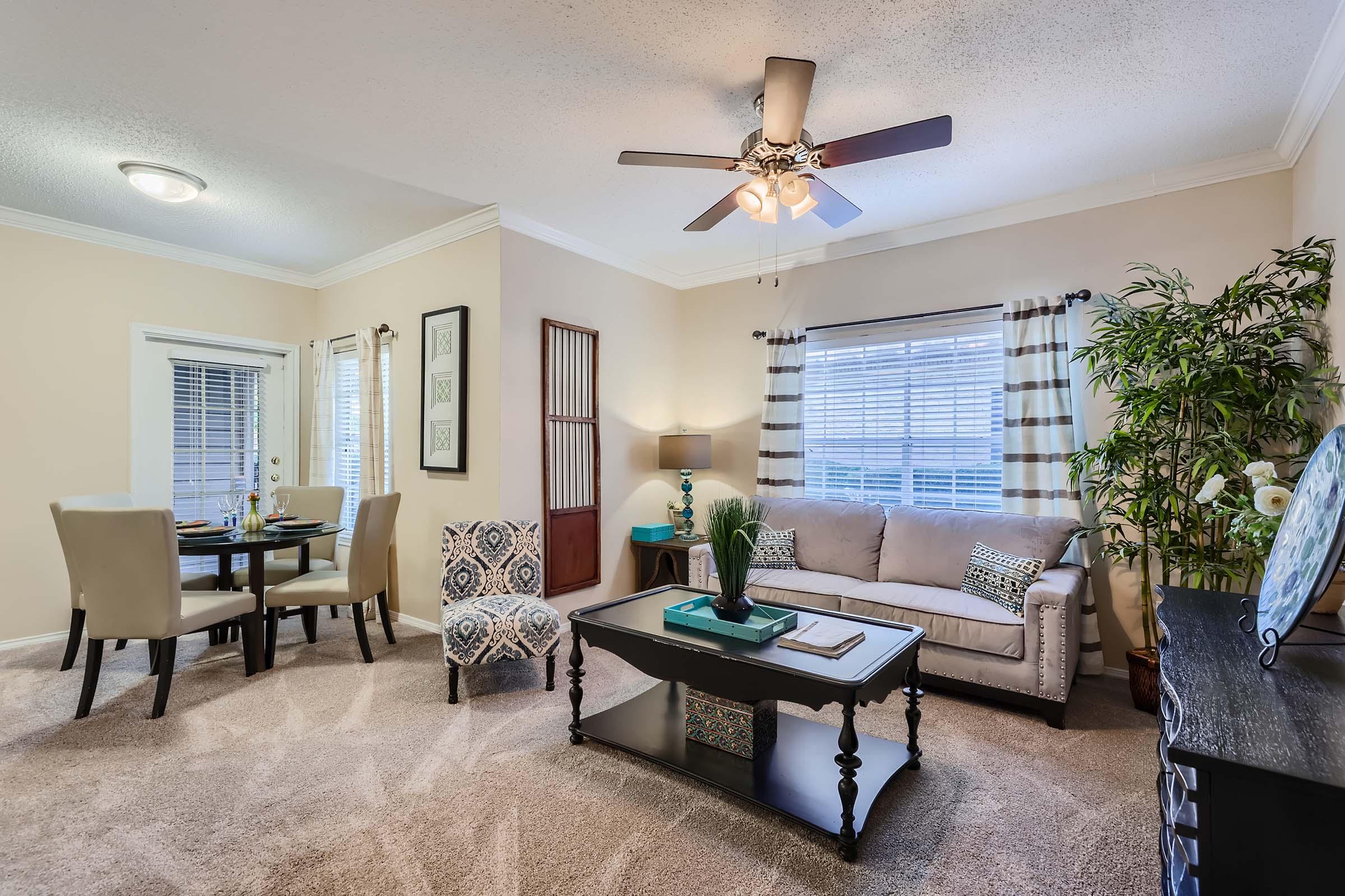 A model dining and living area at Rise skyline in Mesquite, TX.