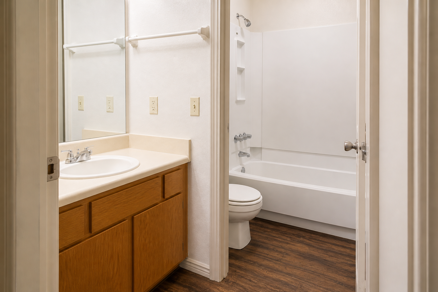 A modern bathroom featuring a white bathtub and shower combination, a light-colored countertop with a double sink, wooden cabinetry, and a mirrored wall. The room has neutral-colored walls and laminate flooring, creating a clean and inviting atmosphere.