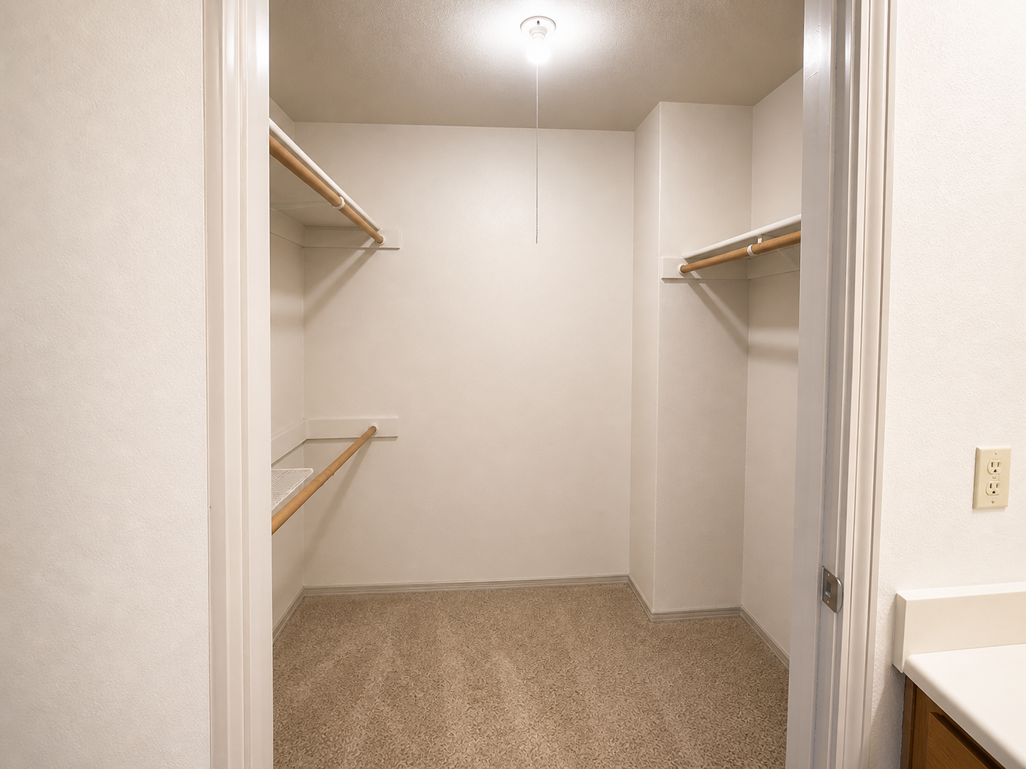 Empty walk-in closet with two wooden hanging rods along the walls, beige carpeted floor, and plain light-colored walls. A single ceiling light provides illumination, creating a spacious and uncluttered appearance.