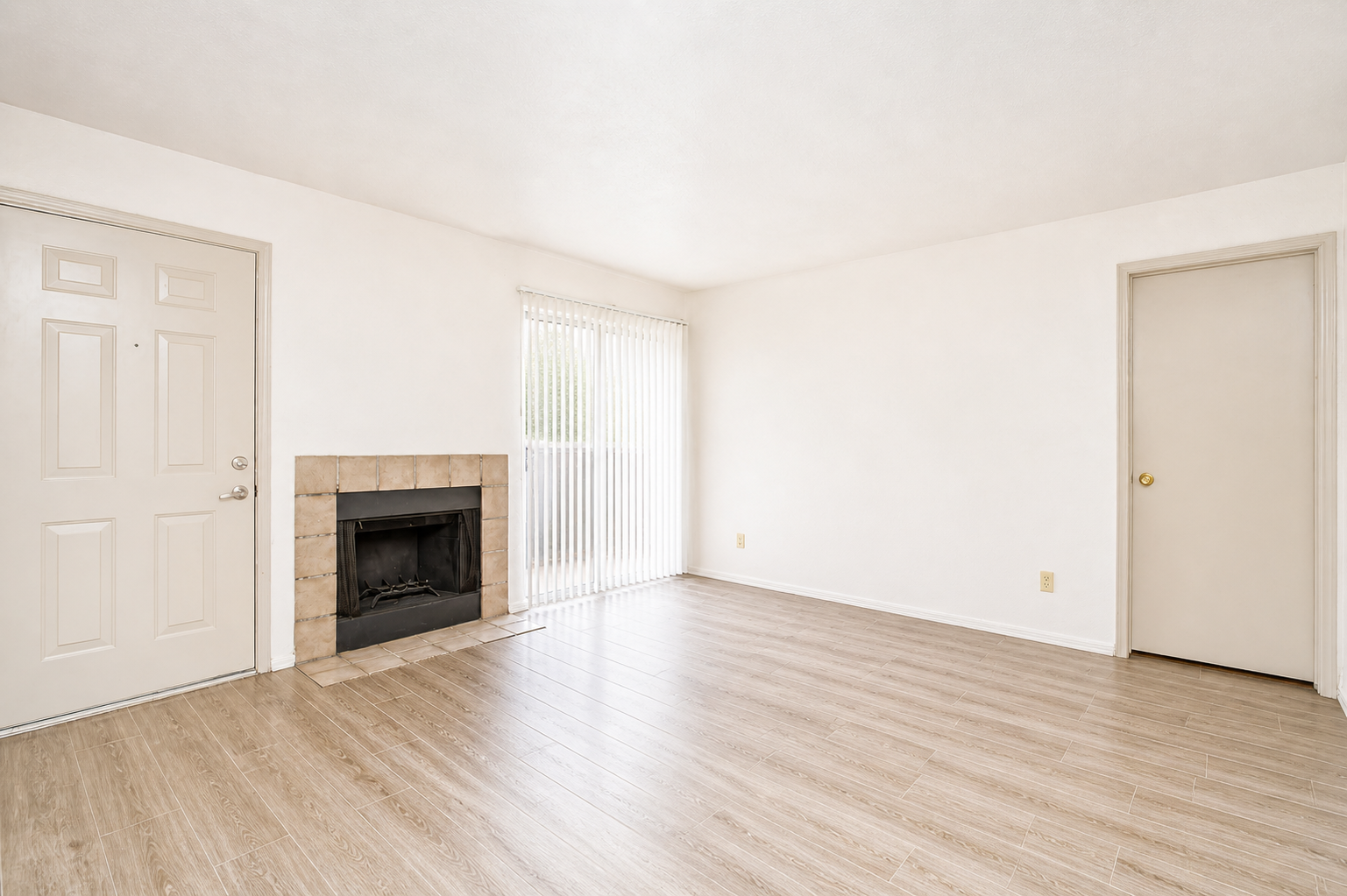 A light and airy living room featuring pale walls, a sliding glass door with vertical blinds, and a fireplace with a stone surround. The floor is finished with light wood-like tiles, and there are two doors: one leading outside and the other to another room. The space is empty and ready for furnishings.