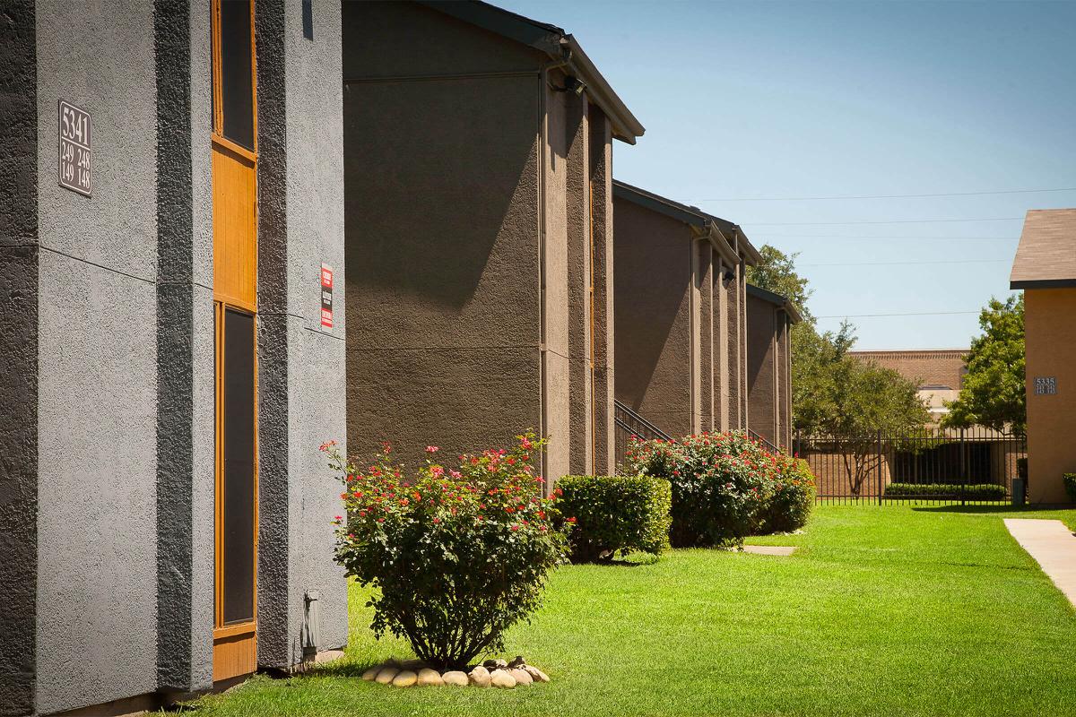 community buildings with green bushes