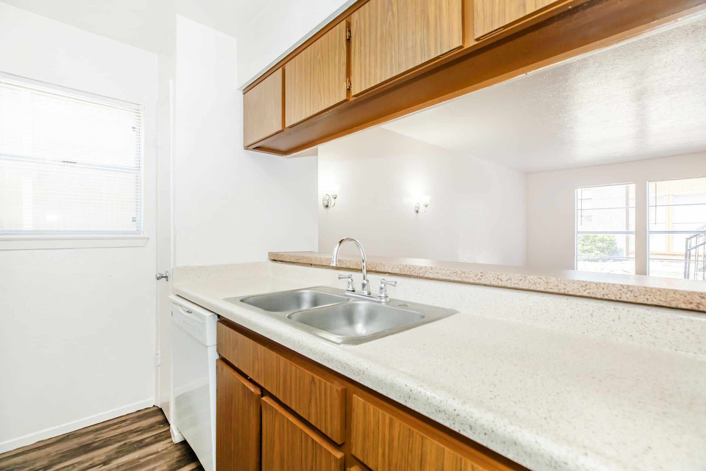 a kitchen with a sink and a window